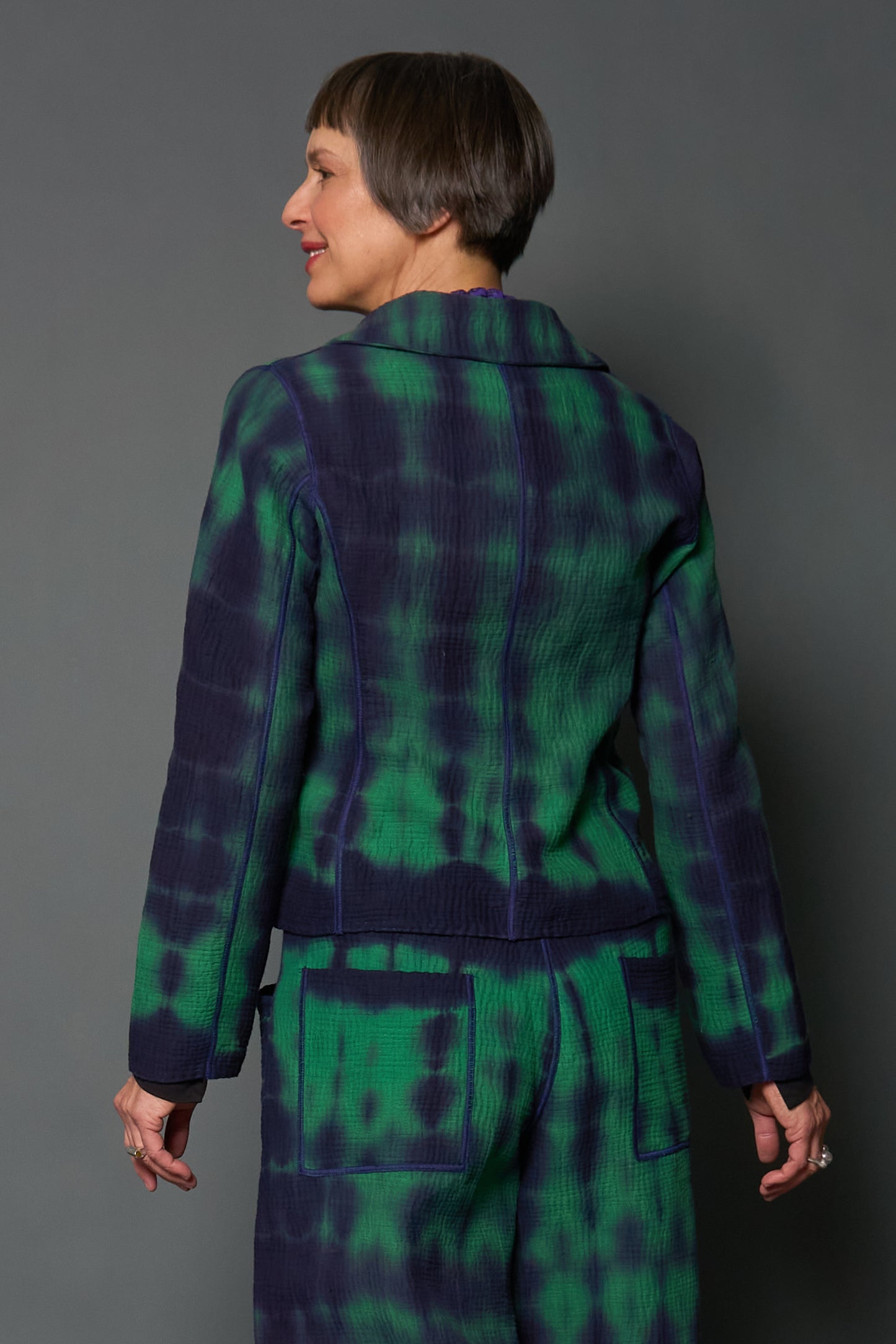 MONE SHIBORI TIE DYE KANTHA CROPPED BASIC JACKET - ms4096-grn -