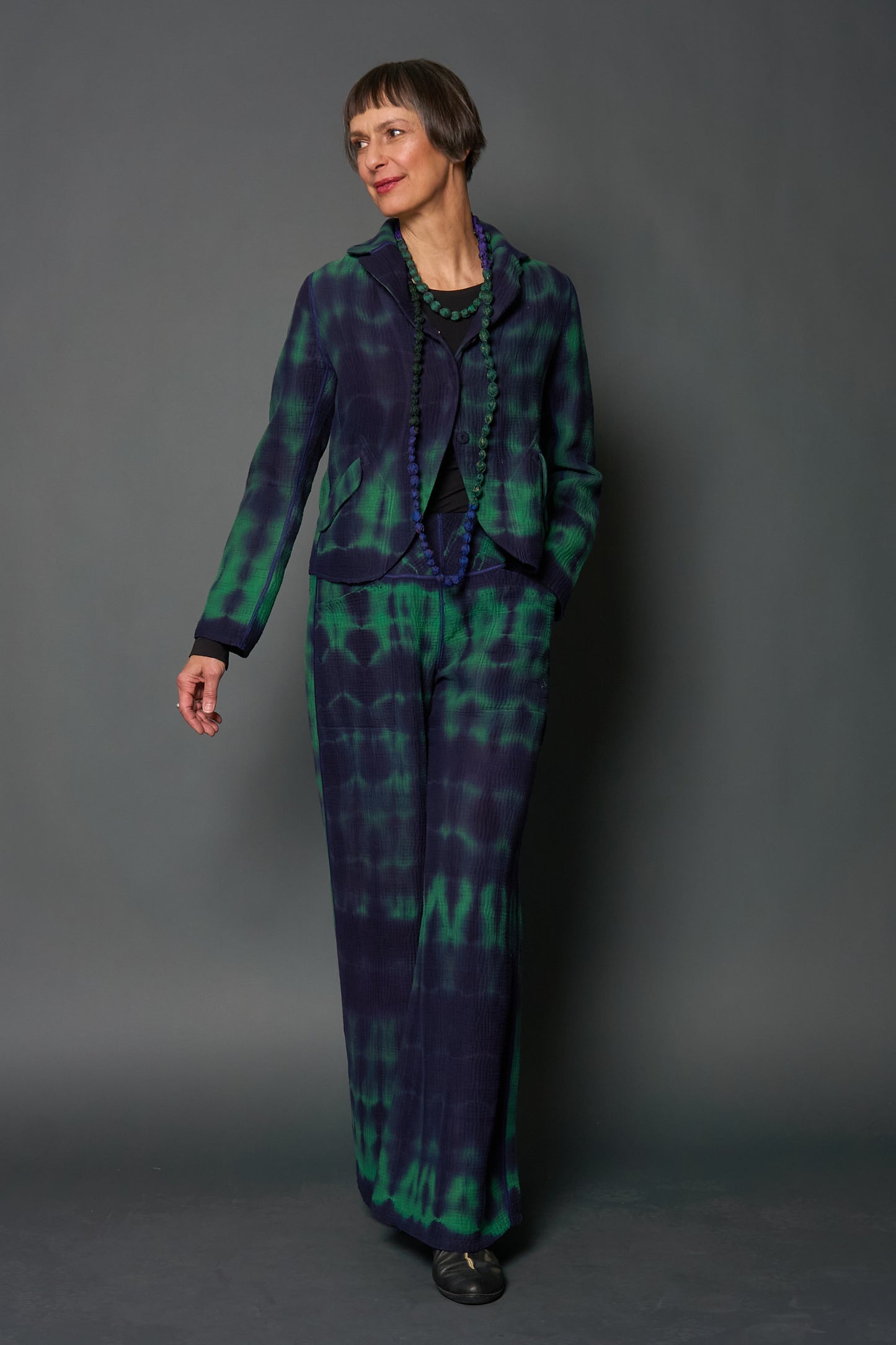 MONE SHIBORI TIE DYE KANTHA CROPPED BASIC JACKET - ms4096-grn -