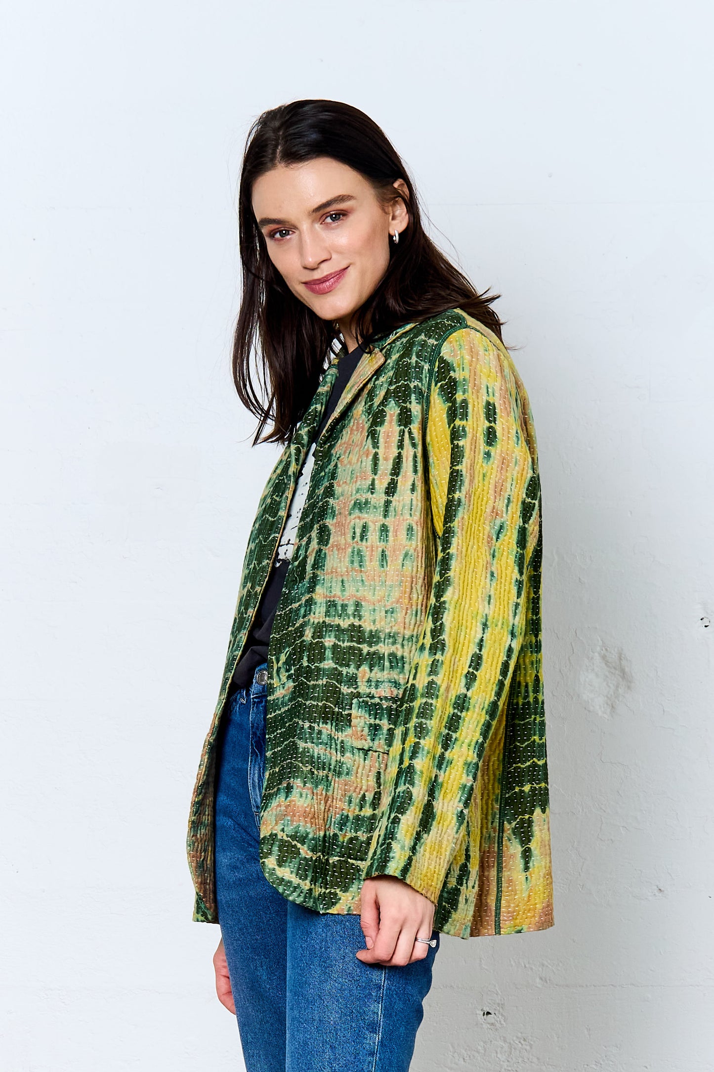 MONE SHIBORI TIE DYE KANTHA BASIC JACKET - ms5052-grn -