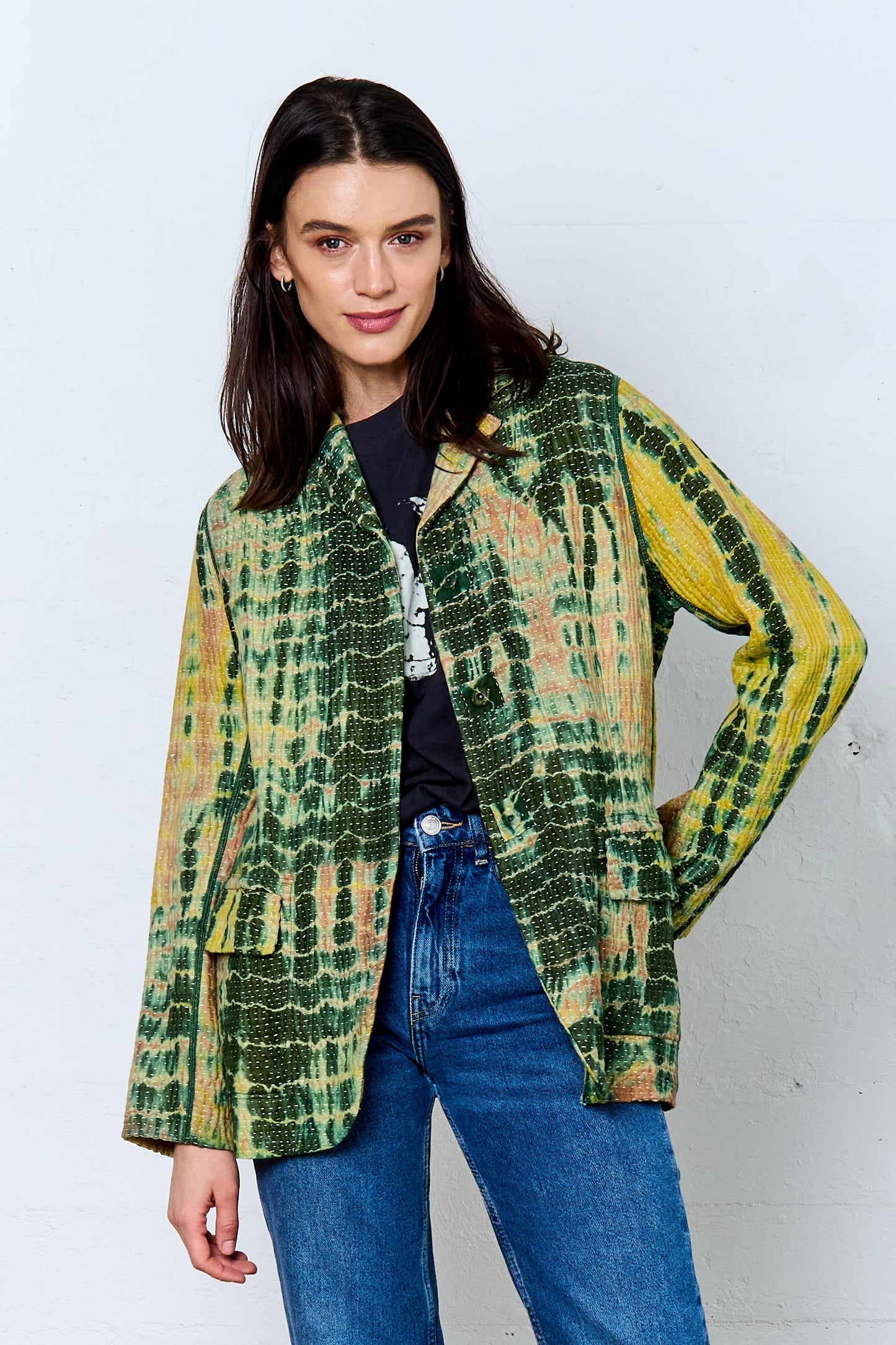 MONE SHIBORI TIE DYE KANTHA BASIC JACKET - ms5052-grn -