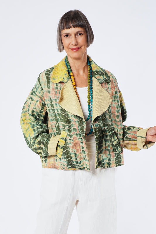 MONE SHIBORI TIE DYE KANTHA LAPELED SINGLE SHORT JACKET - ms5087-grn -