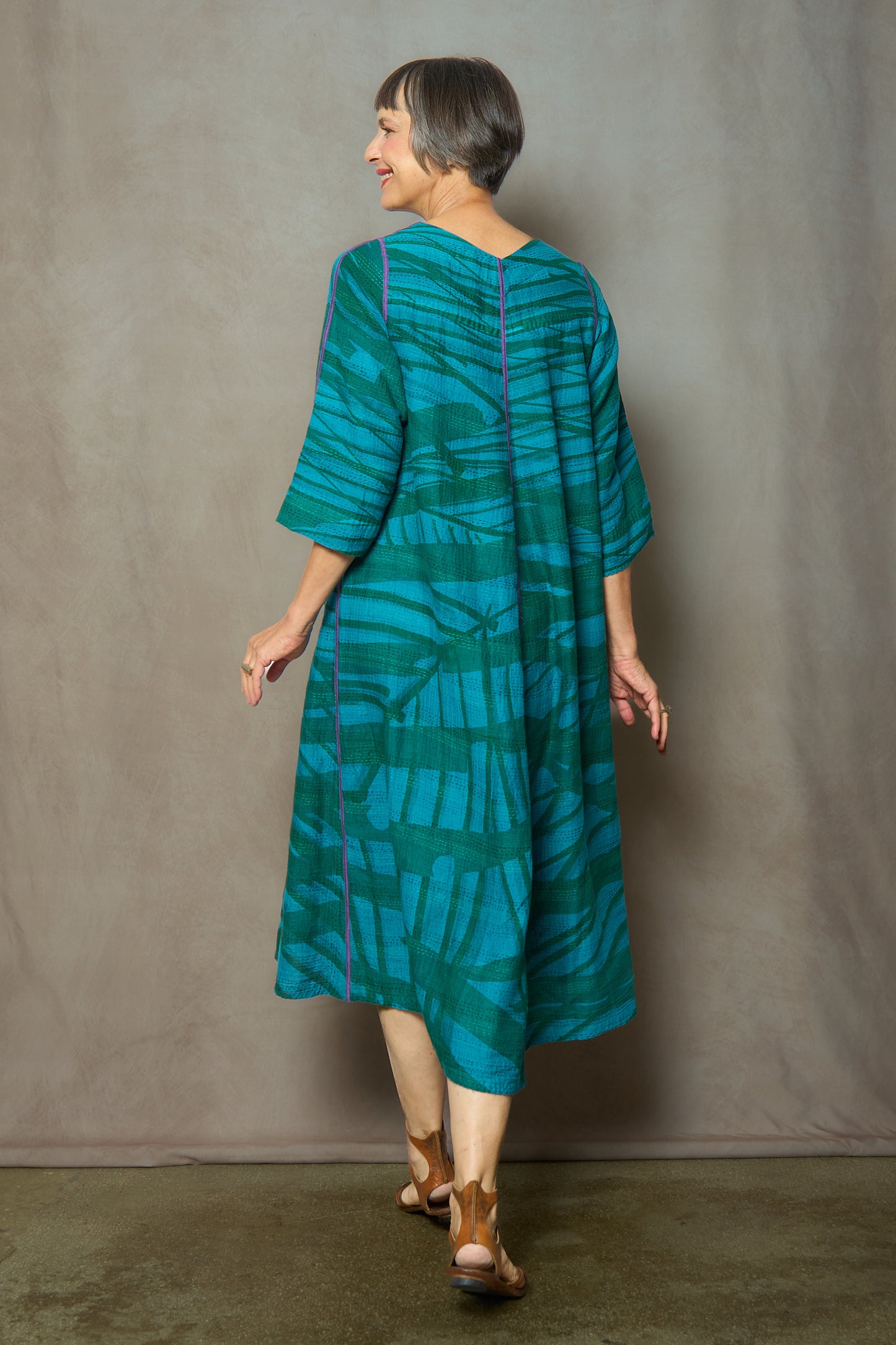 MARIGOLD PRINT WITH OVERDYE KANTHA V-NECK FLARE DRESS - ov-mg2457-tuq -