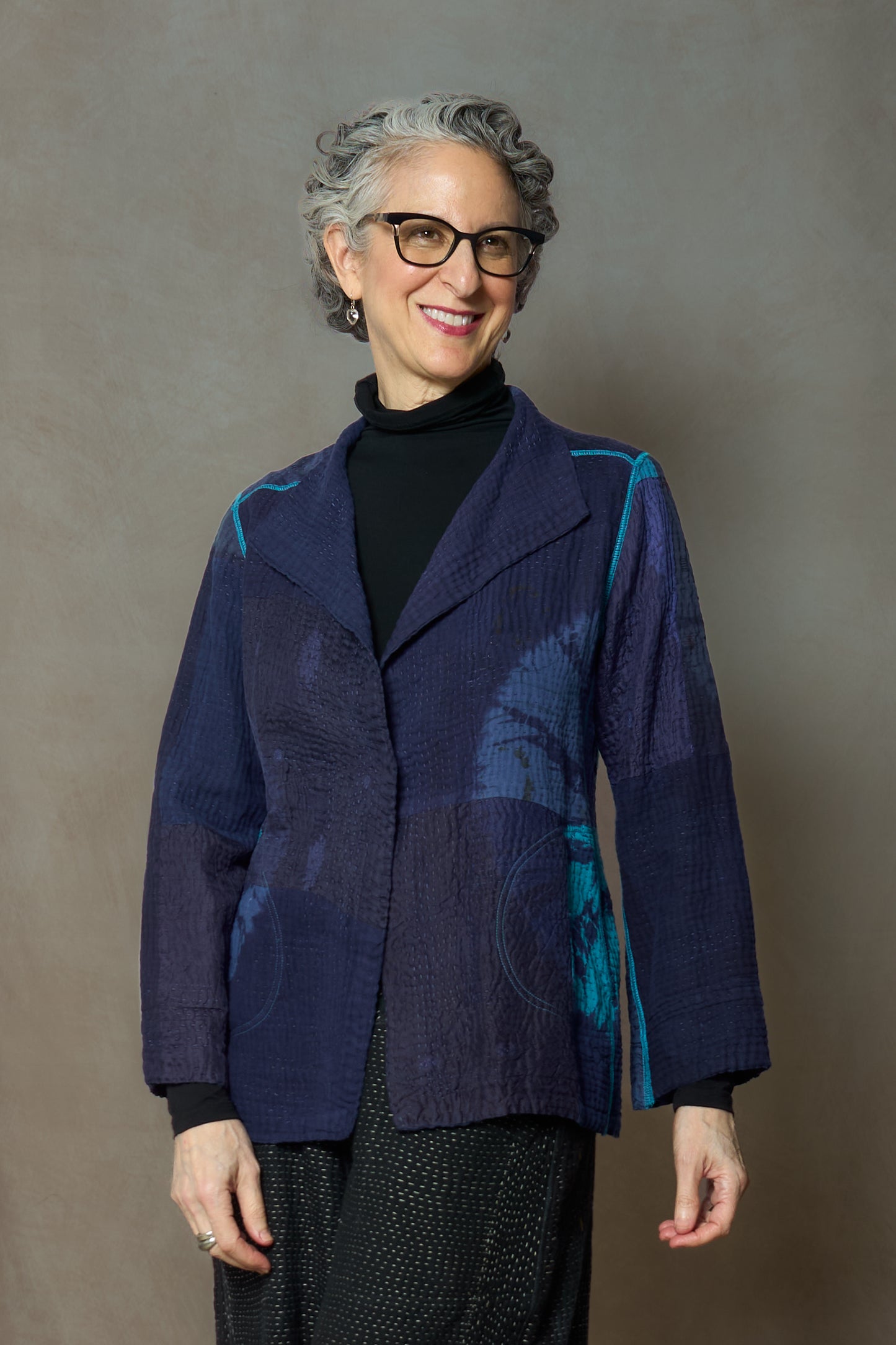 CIRCLE SHIBORI TIE DYE WOVEN PATCH KANTH SHORT JACKET - tc4007-blu -