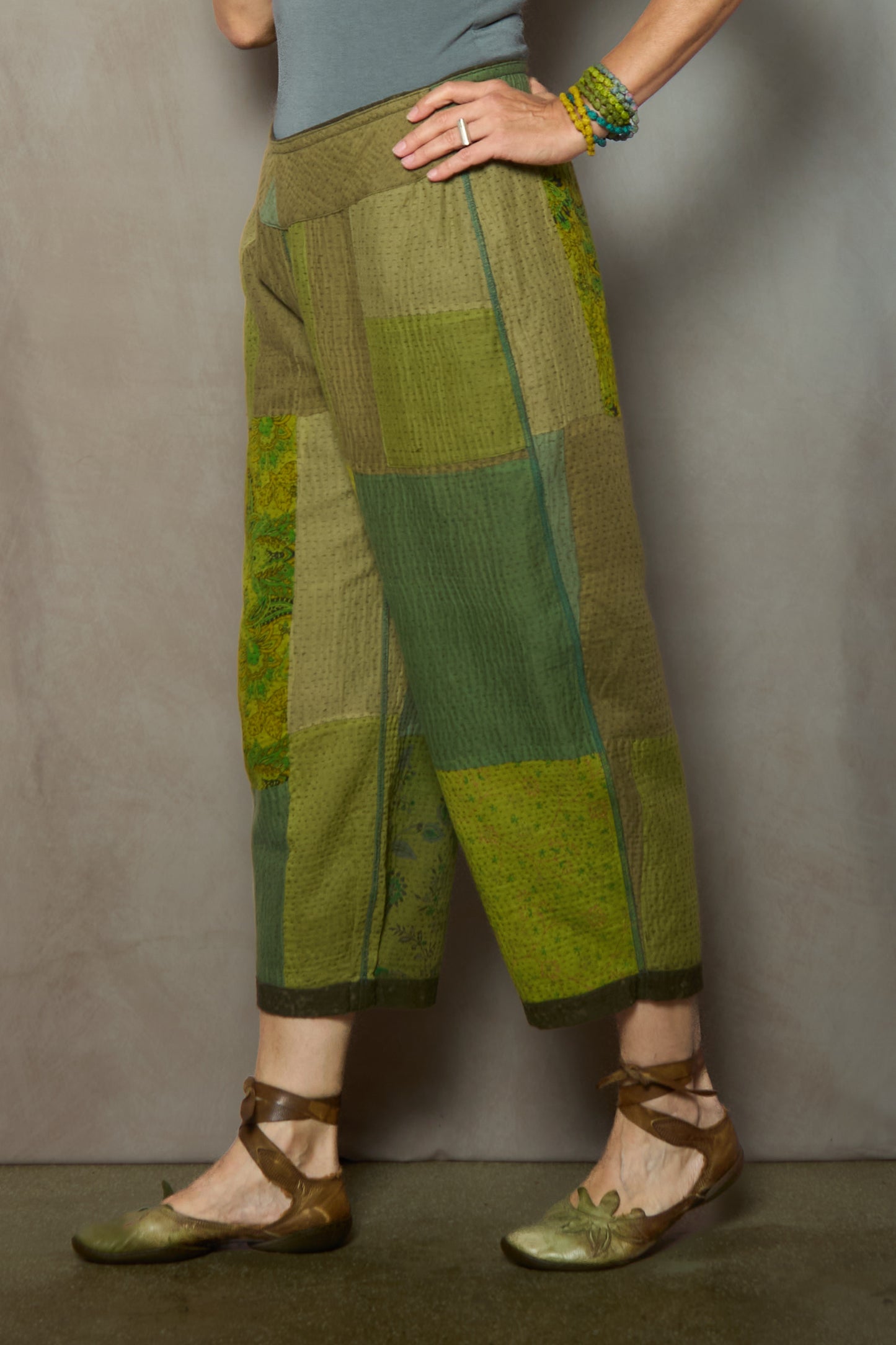 DUCK SUN DYE WITH PATCH KANTHA NEW LANTERN PANTS - us2651-grn -