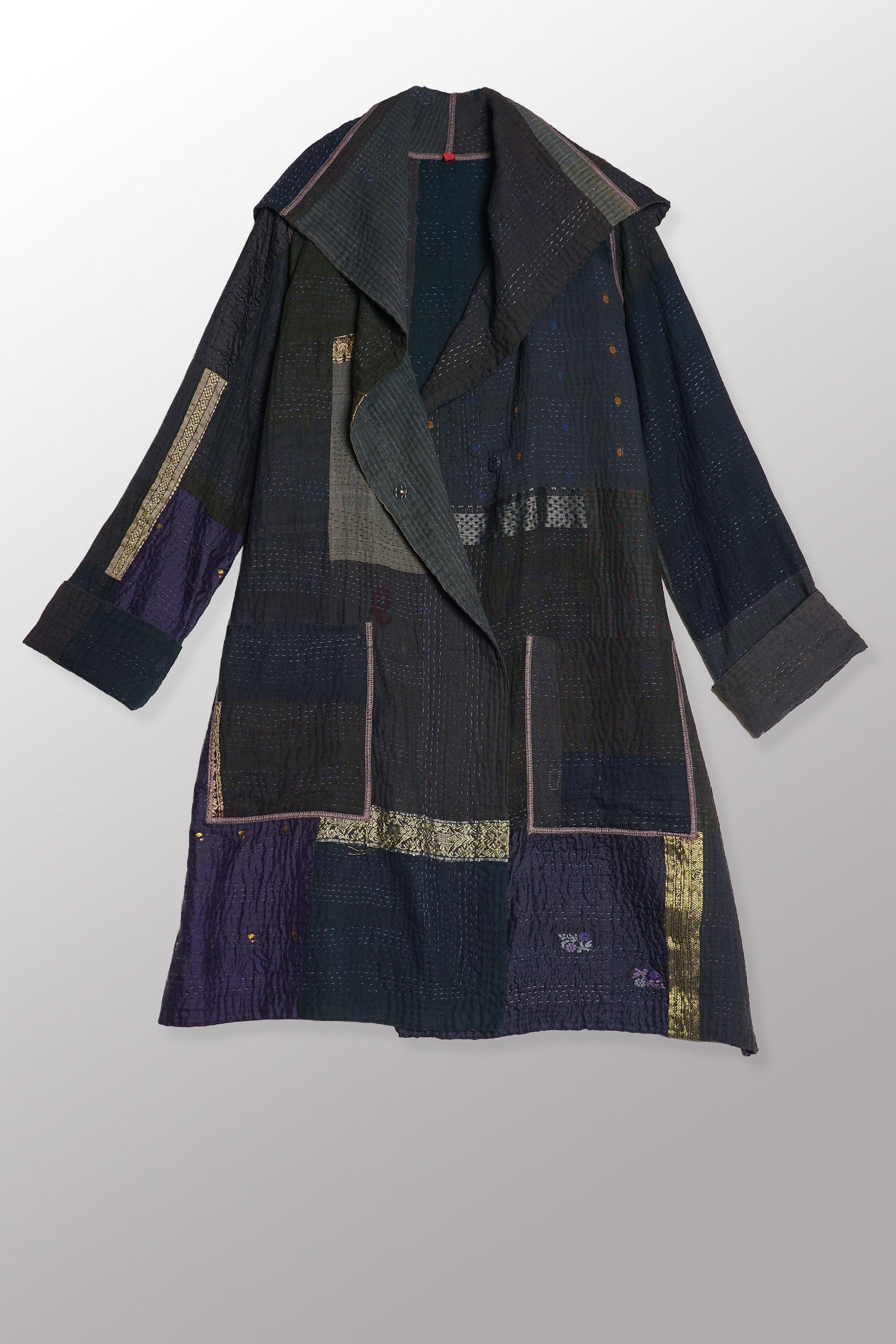 COTTON SILK SW PATCH KANTHA POCKET MEDIUM COAT - ws4316-blk -