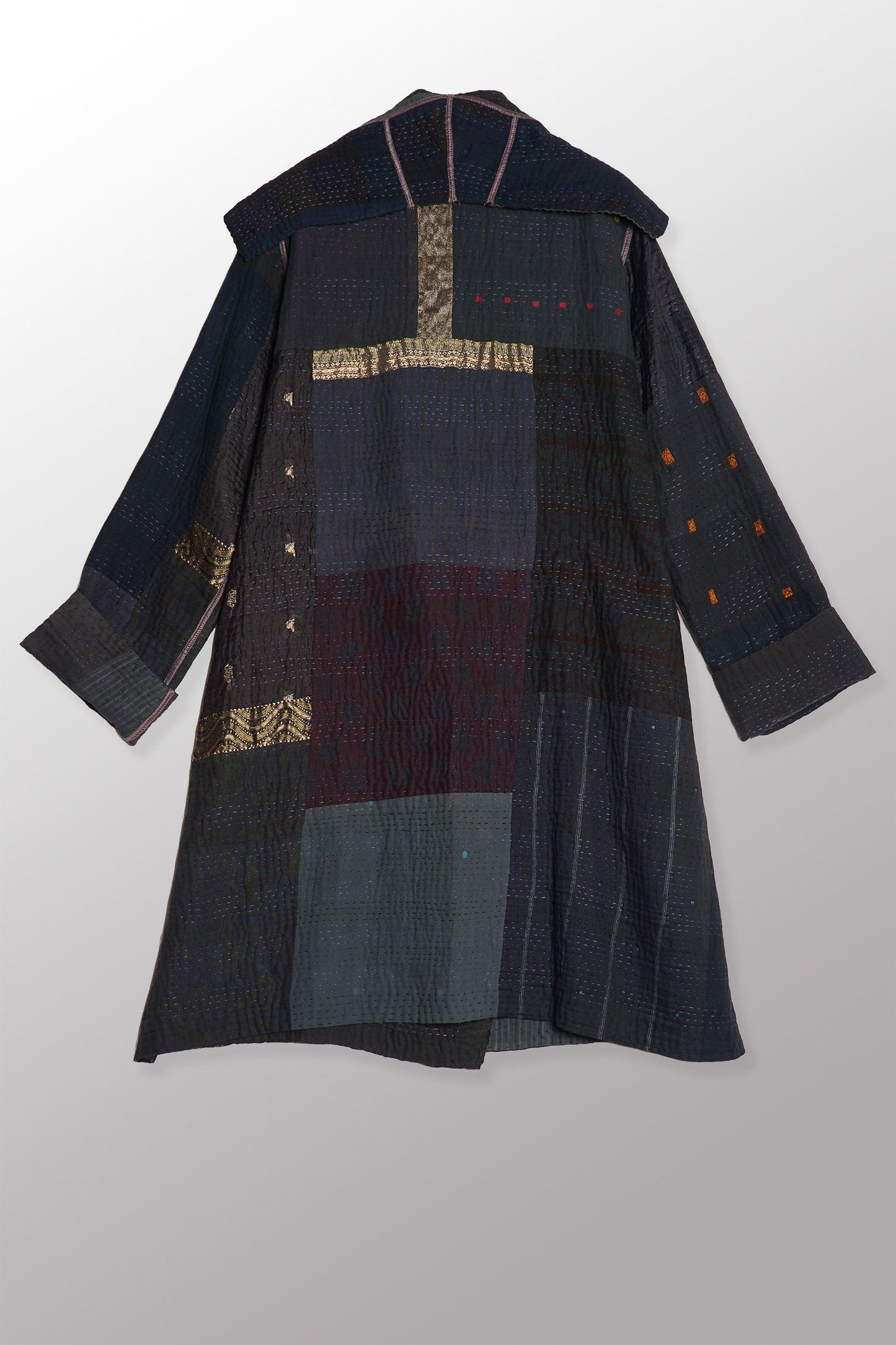 COTTON SILK SW PATCH KANTHA POCKET MEDIUM COAT - ws4316-blk -