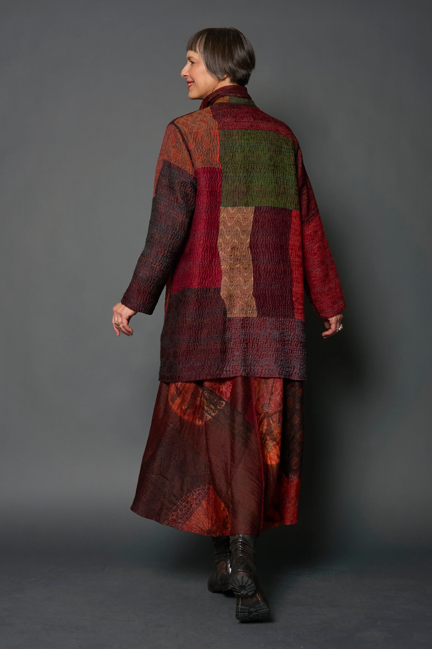 JACQUARD SILK KANTHA KAFTAN JACKET MEDIUM - js4089-brn -