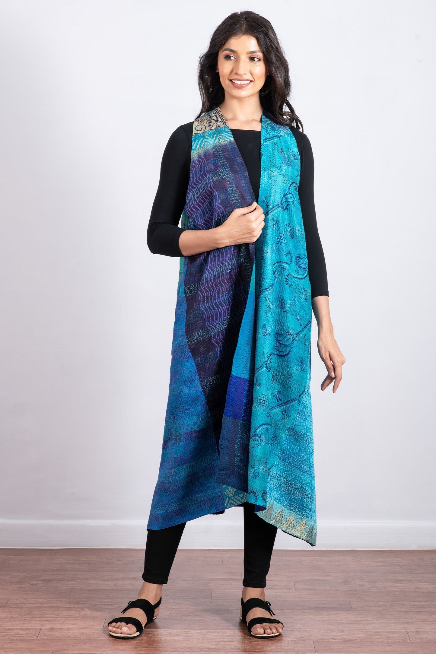 VINTAGE SILK PATCH KANTHA BACK PLEATED VEST MAXI - vp2222-blu -