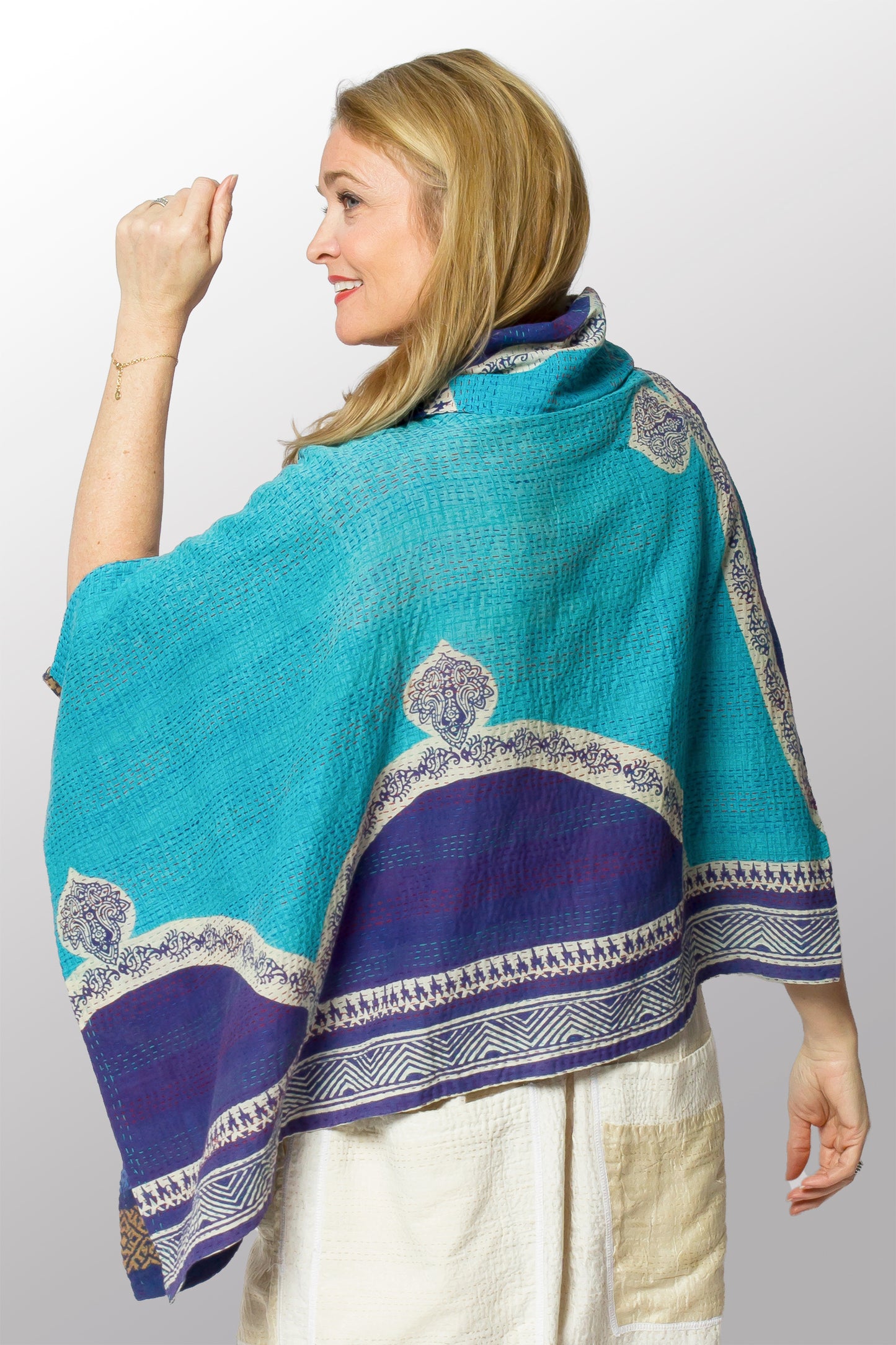VINTAGE COTTON KANTHA COWL NECK LONG CAPE - cv2842-0001a -