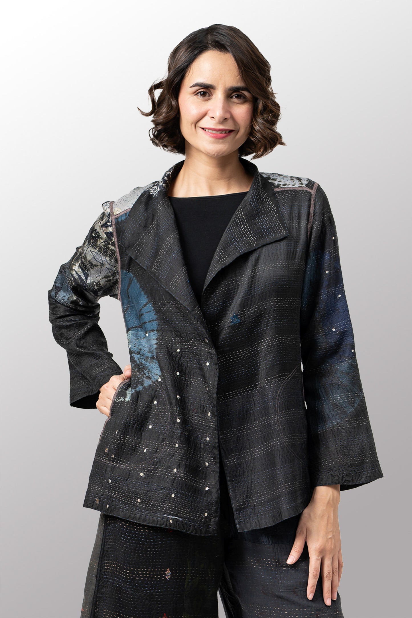TIE DYE CIRCLE SHIBORI KANTHA SHORT JACKET - td2007-blk -