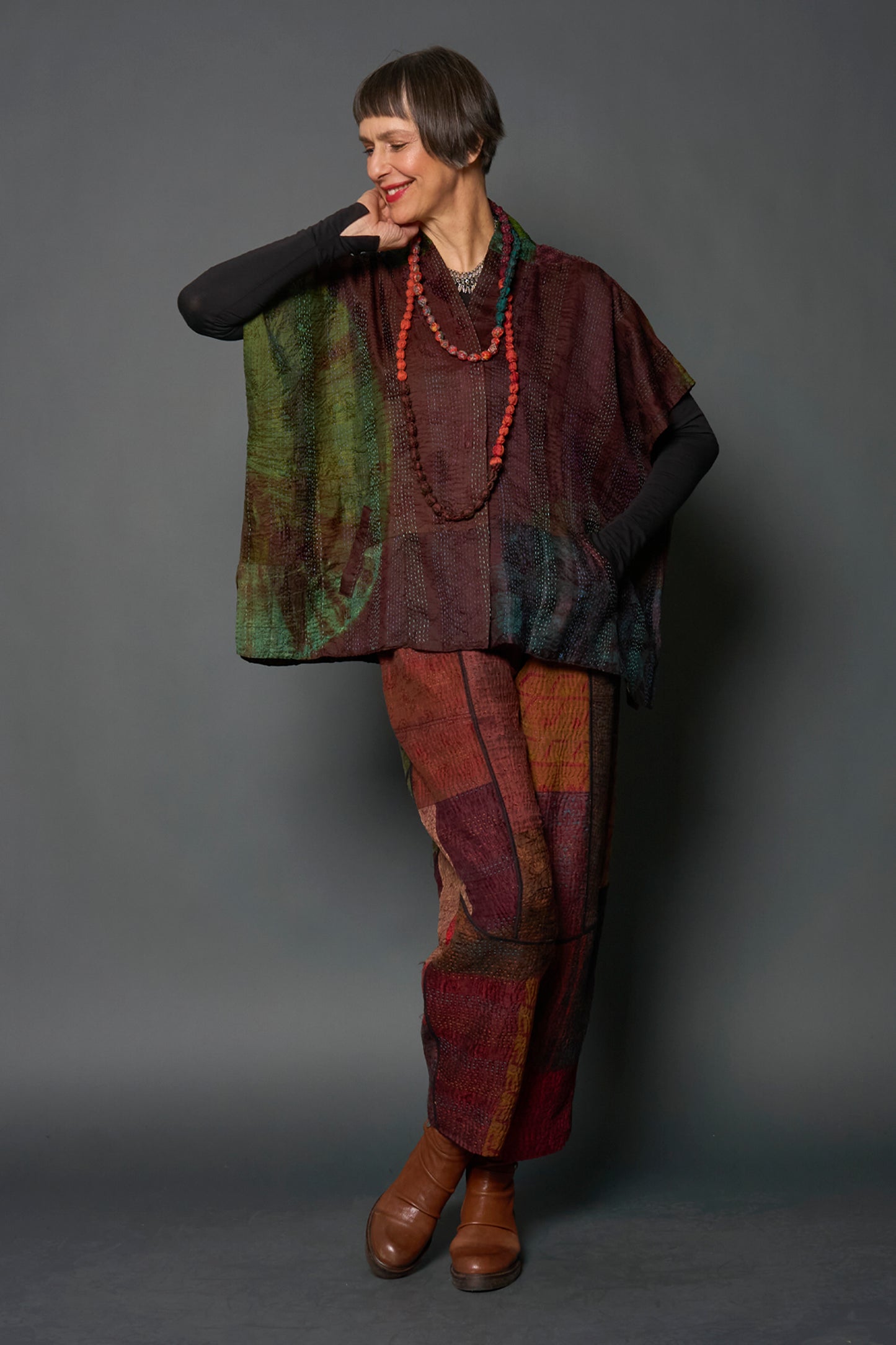 JACQUARD SILK PATCH TIE DYE CIRCLE SHIBORI KANTHA PONCHO TOP - wj2568-grn -