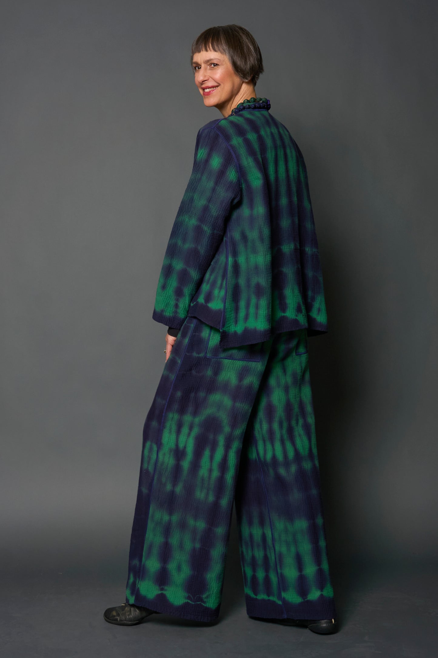 MONE SHIBORI TIE DYE KANTHA CROPPED BASIC JACKET - ms4096-grn -