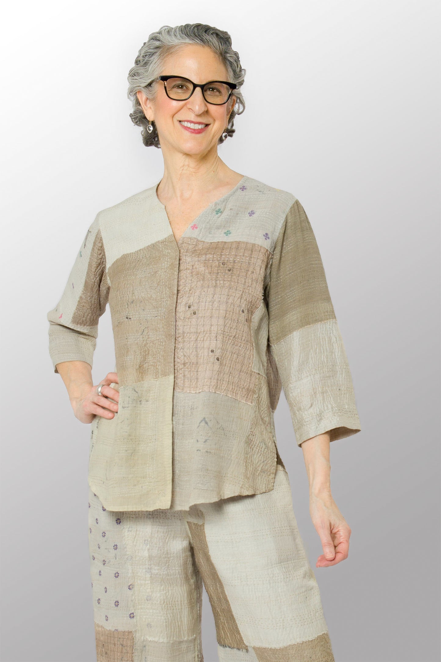 MOSAIC FRAY PATCH KANTHA KURTA TOP - zb2586-ivy -