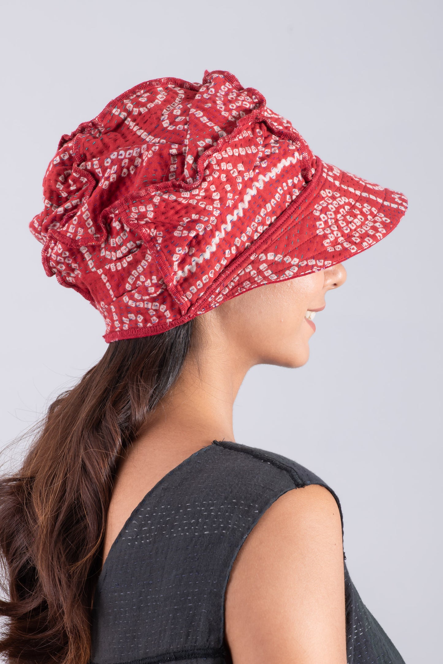 VINTAGE COTTON KANTHA HALF BRIM HAT - cv4881-red -