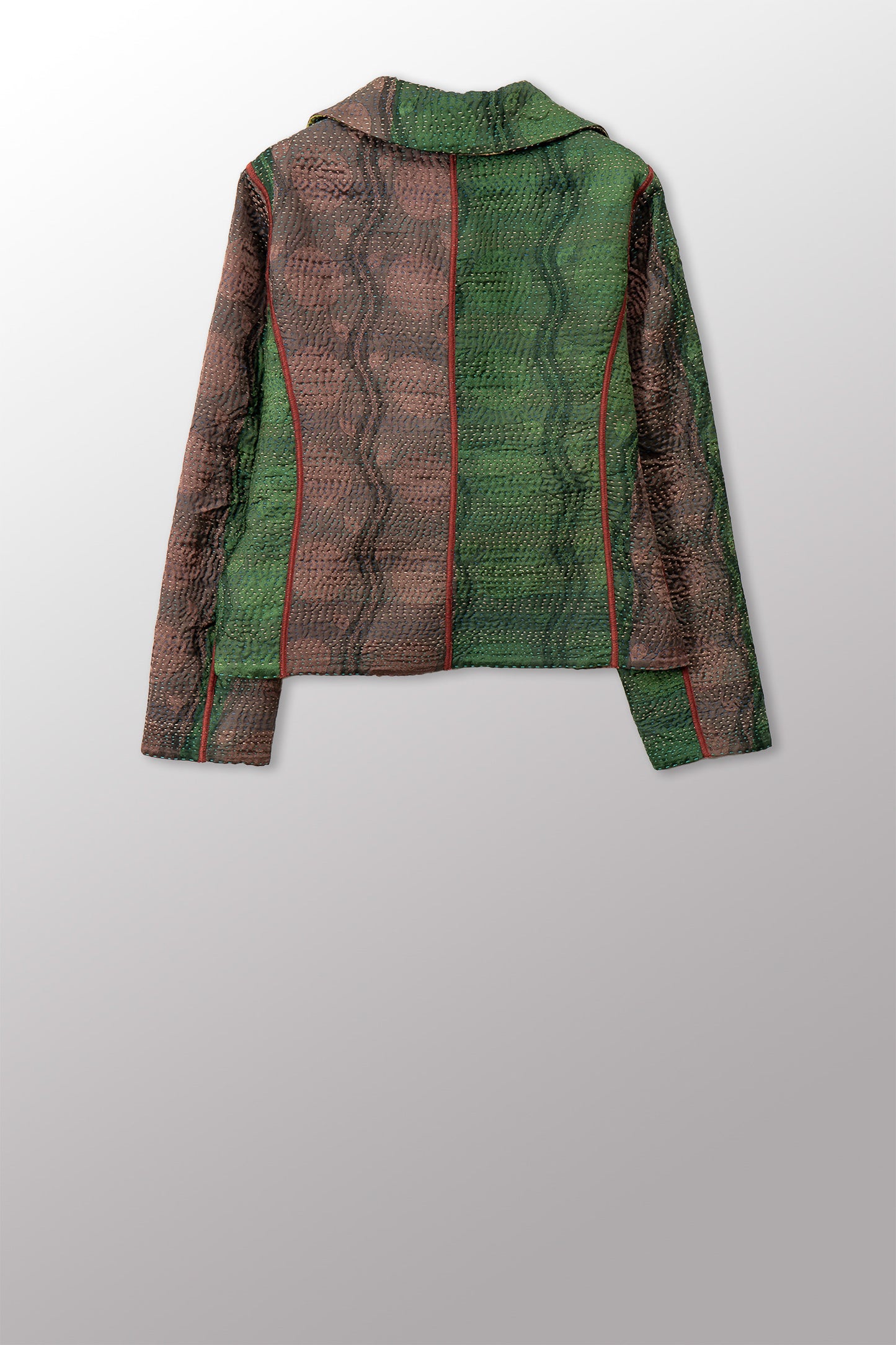 VINTAGE PRINTED SILK CLAMP DYE WITH JACQUARD KANTHA CROPPED BASIC JACKET - sk4096-0001m -