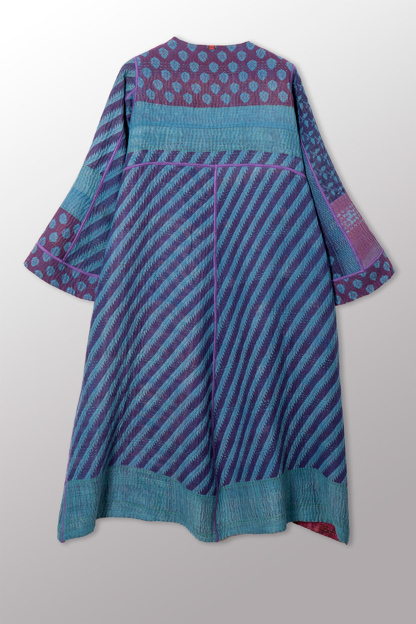 VINTAGE SILK GEORGETTE COTTON KANTHA WRAP FLARE COAT - gc4330-0001a -