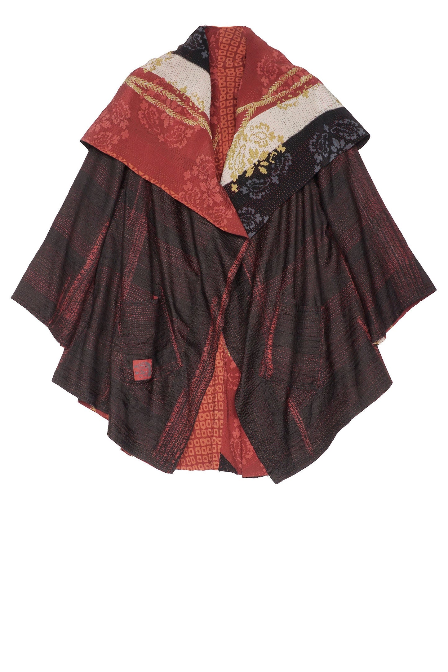 KIMONO PRINT KANTHA CIRCULAR LONG JKT - kp2009-red -