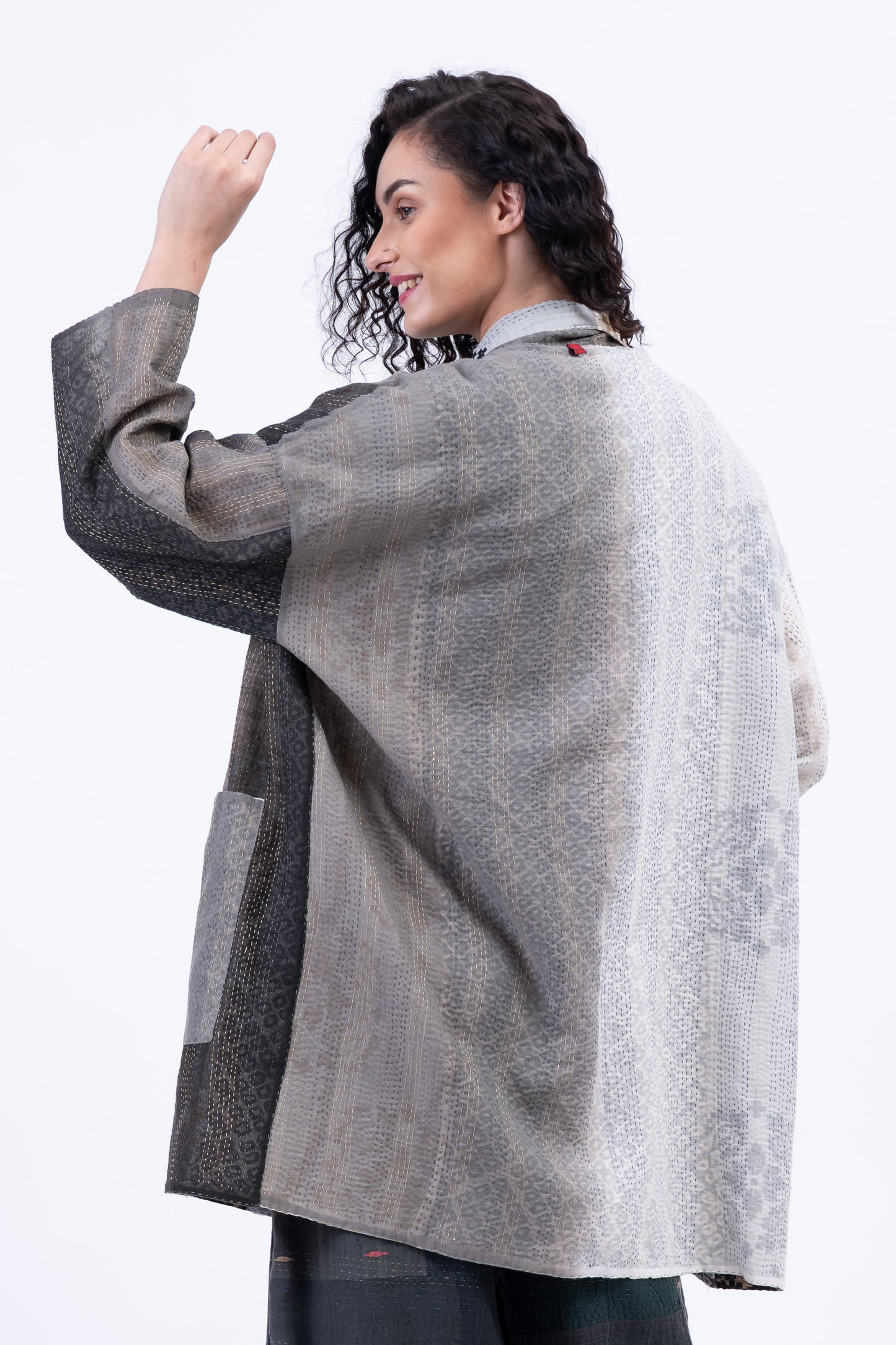 KIMONO COTTON KANTHA HAORI JACKET - kc2068-gry -
