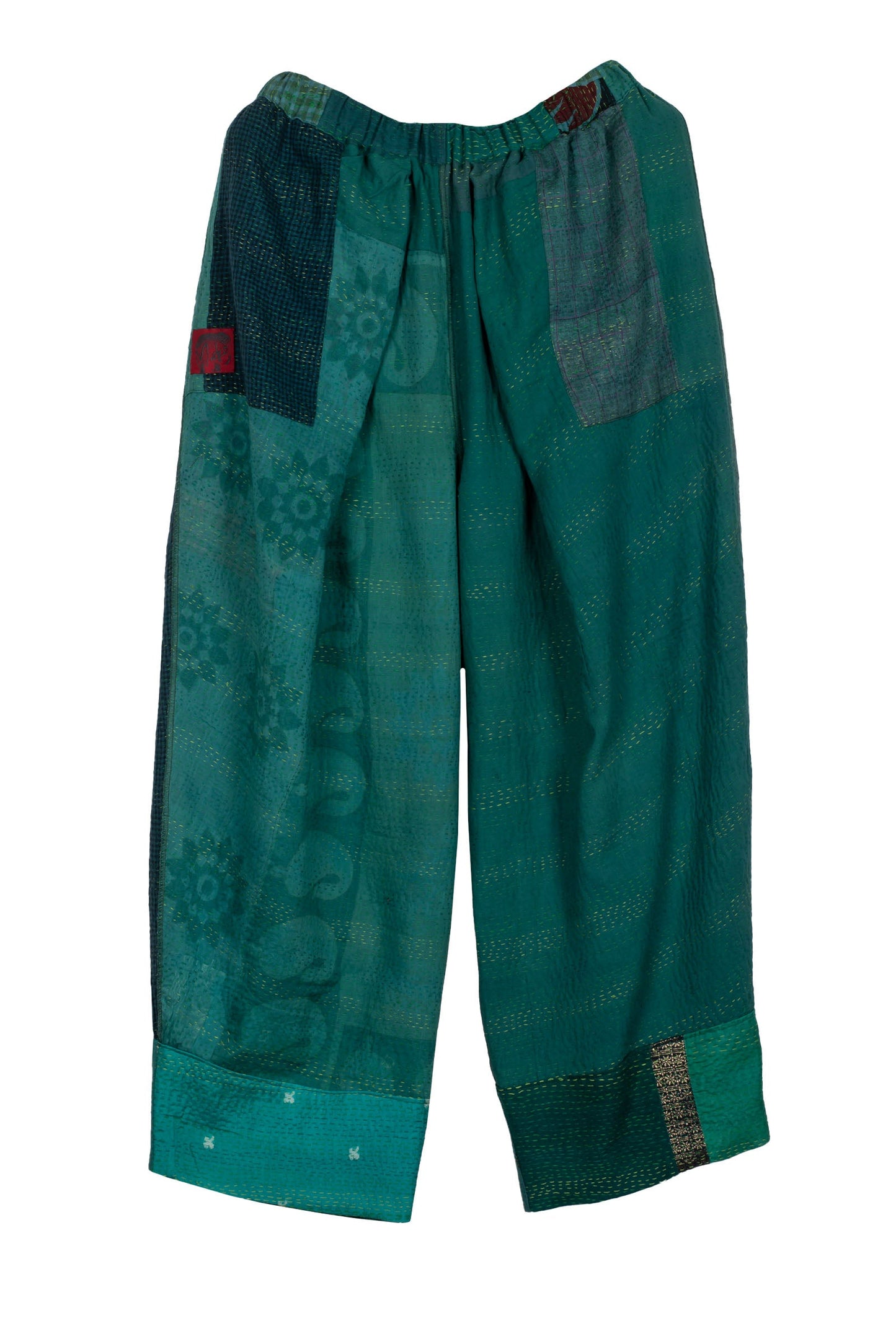 COTTON SILK SW PATCH KANTHA BAGGY PANTS - ws2642-tel -