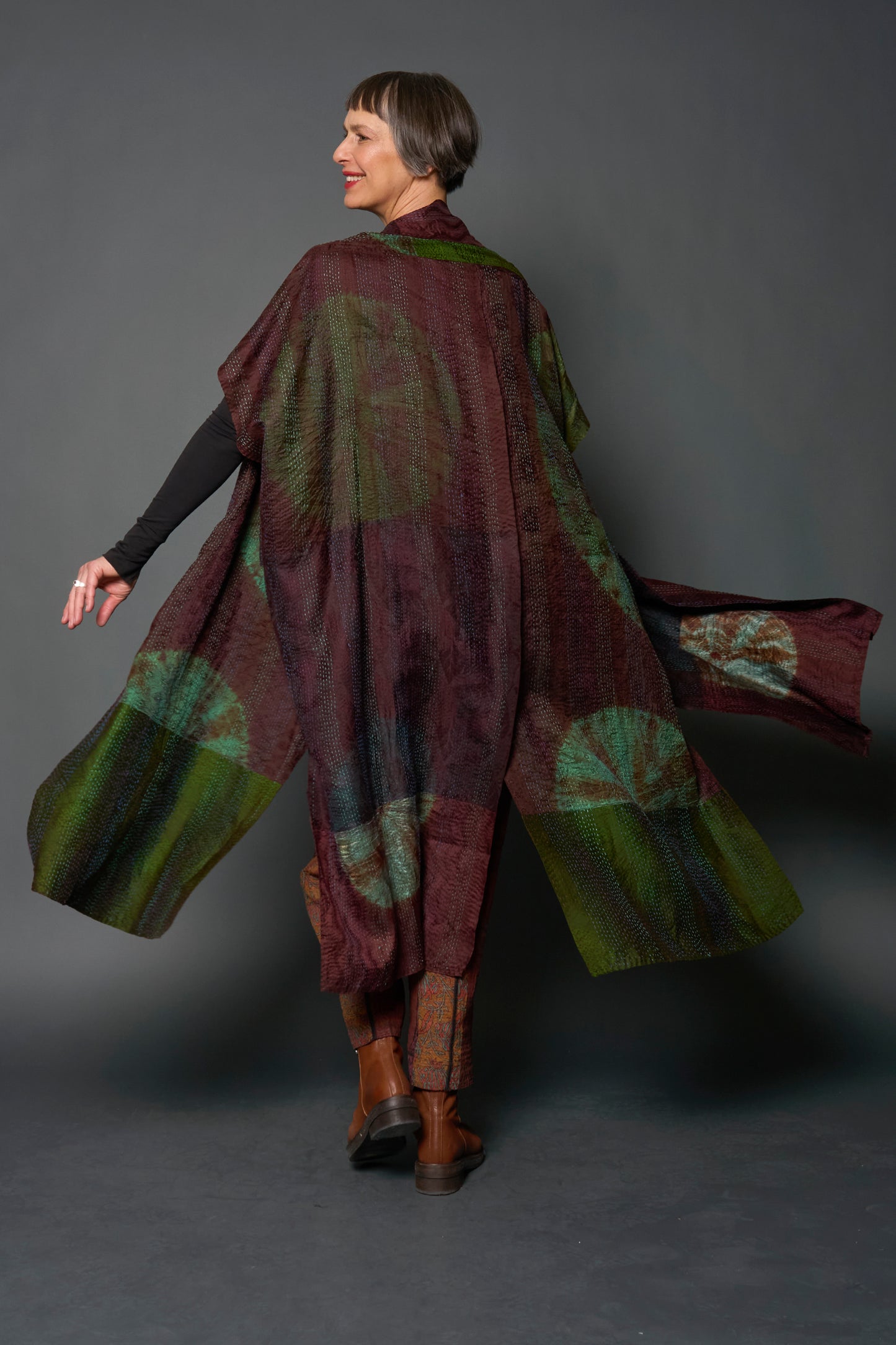 JACQUARD SILK PATCH TIE DYE CIRCLE SHIBORI KANTHA PONCHO DRESS - wj2443-grn -