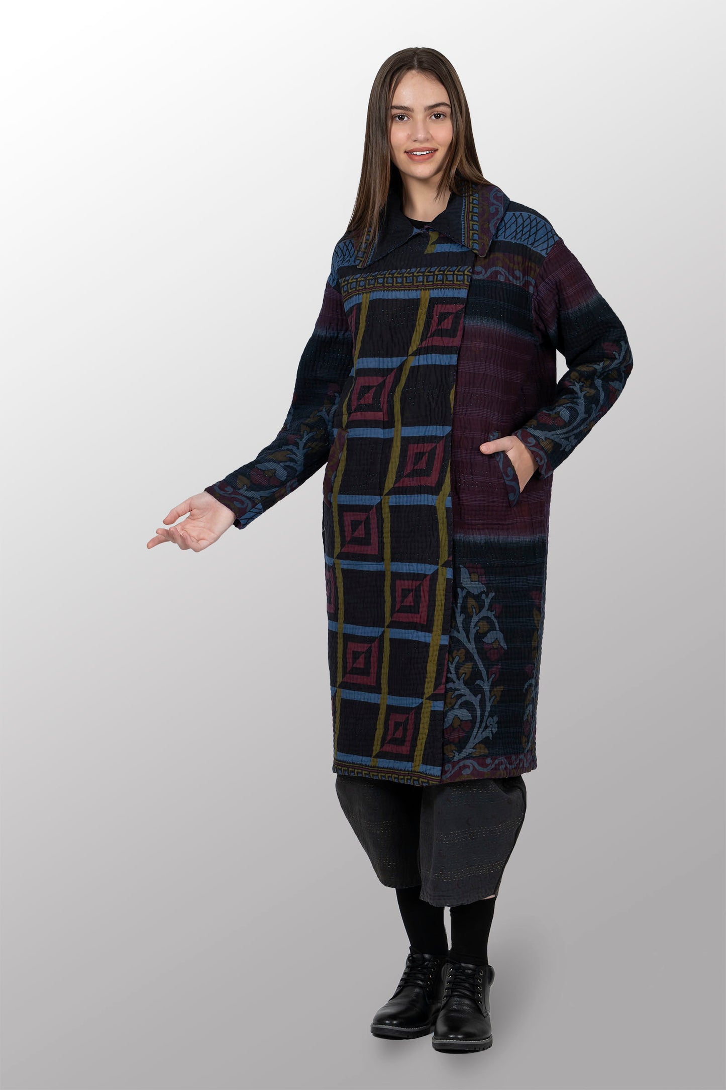 QUILTED OVERDYE COTTON KANTHA DOUBLE BREAST LONG COAT - oq5340-cred001a -