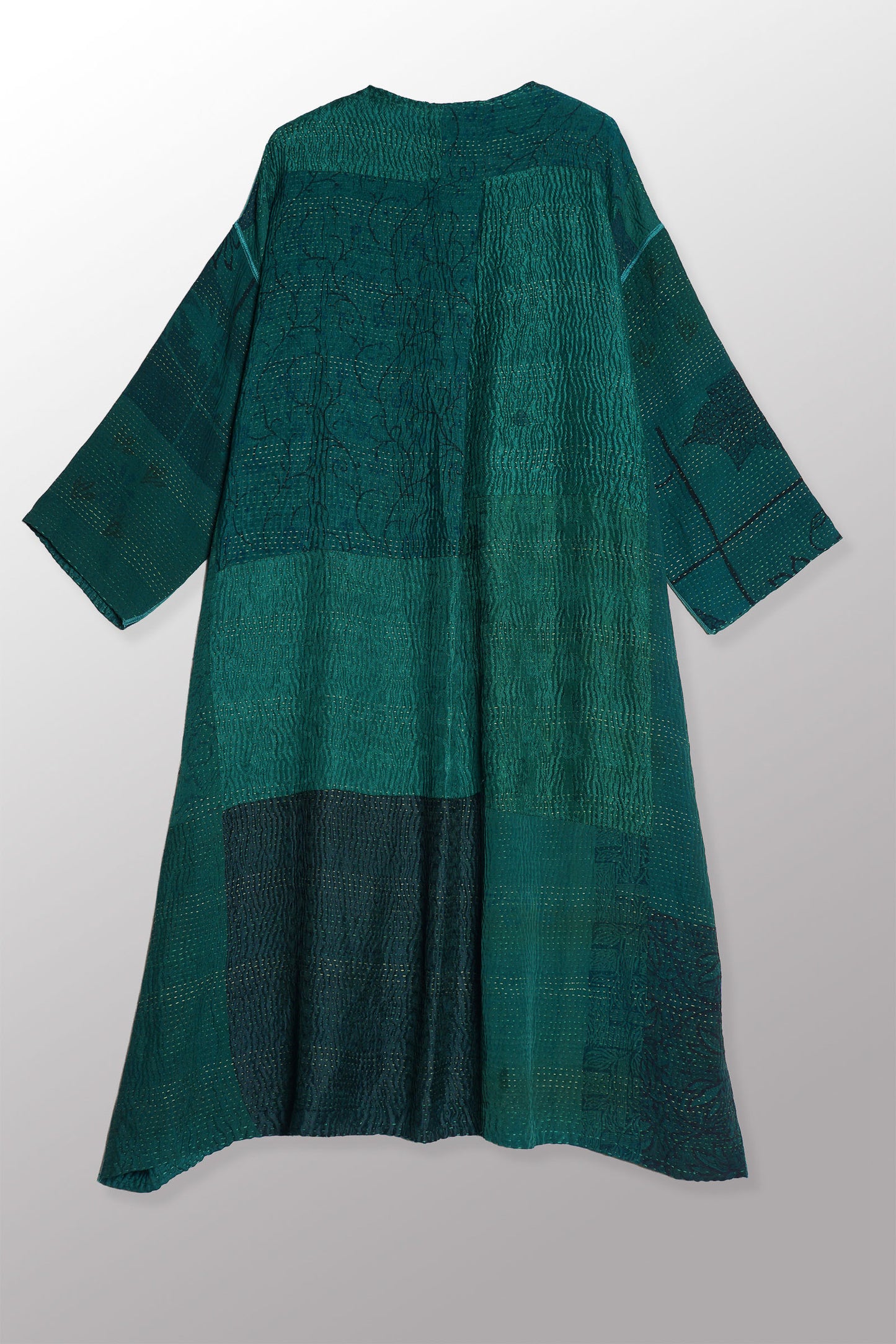 GEORGETTE JACQUARD VINTAGE SILK PATCH KANTHA LONG DUSTER - gj4328-grn -