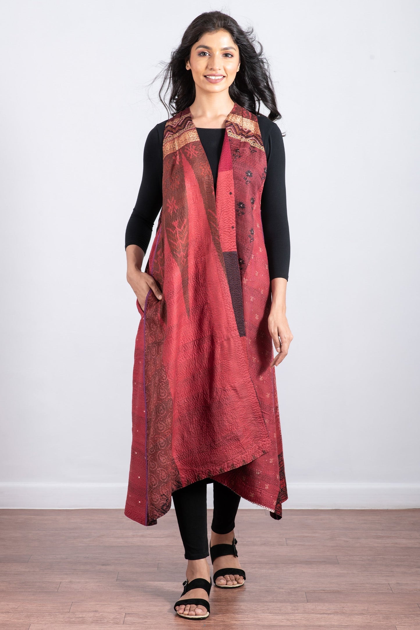 VINTAGE SILK PATCH KANTHA BACK PLEATED VEST MAXI - vp2222-red -