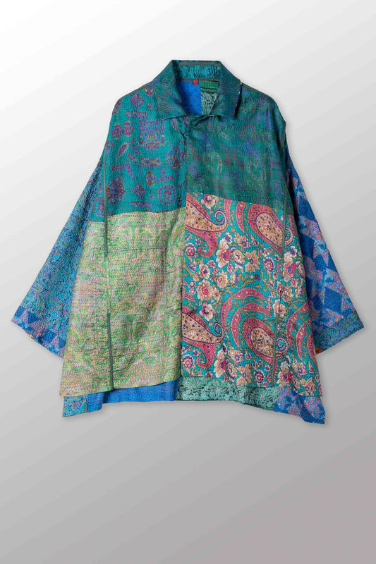 VINTAGE SILK KANTHA OVERSIZED MINI COAT - sv2332-0011a -