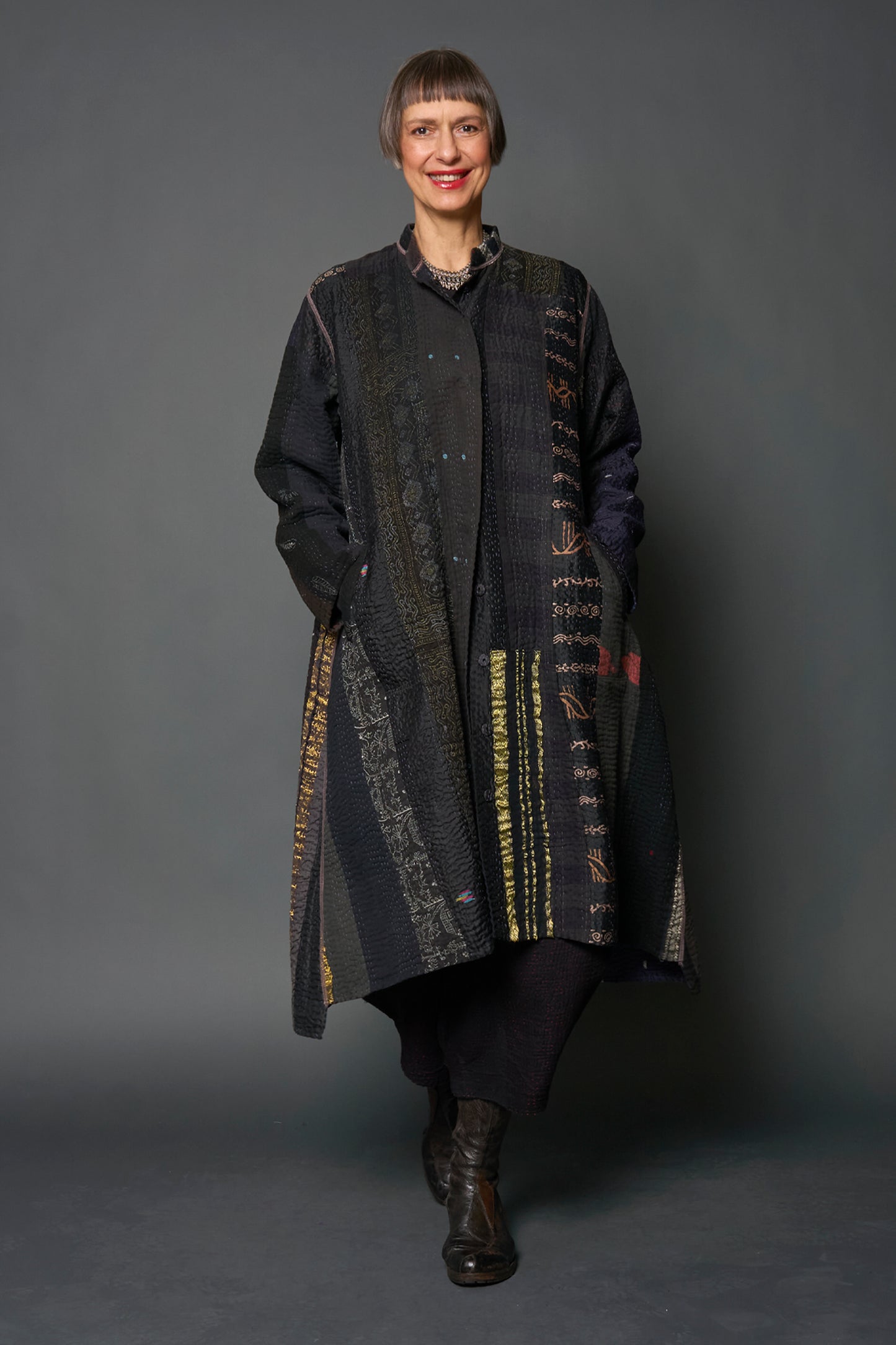 JEWEL WOVEN WITH VERTICAL PATCH KANTHA KAFTAN COAT - jv4343-blk -