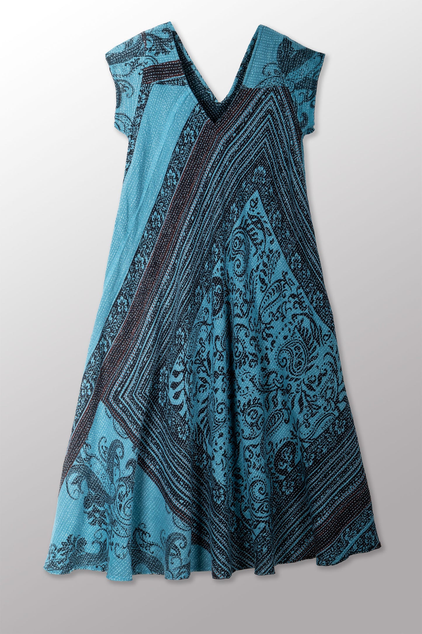 OVERDYED COTTON PAISLEY KANTHA CAP SLV. FLARE DRESS - ov-cp2425-blu -