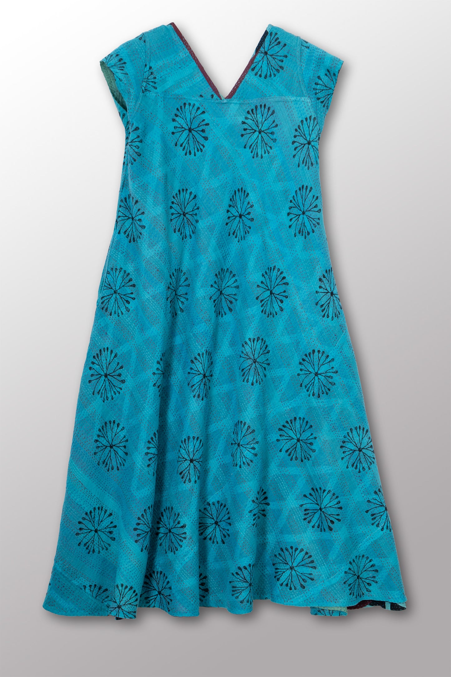 VINTAGE COTTON & NEW VOILE KANTHA CAP SLV. FLARE DRESS - cn2425-0008s -