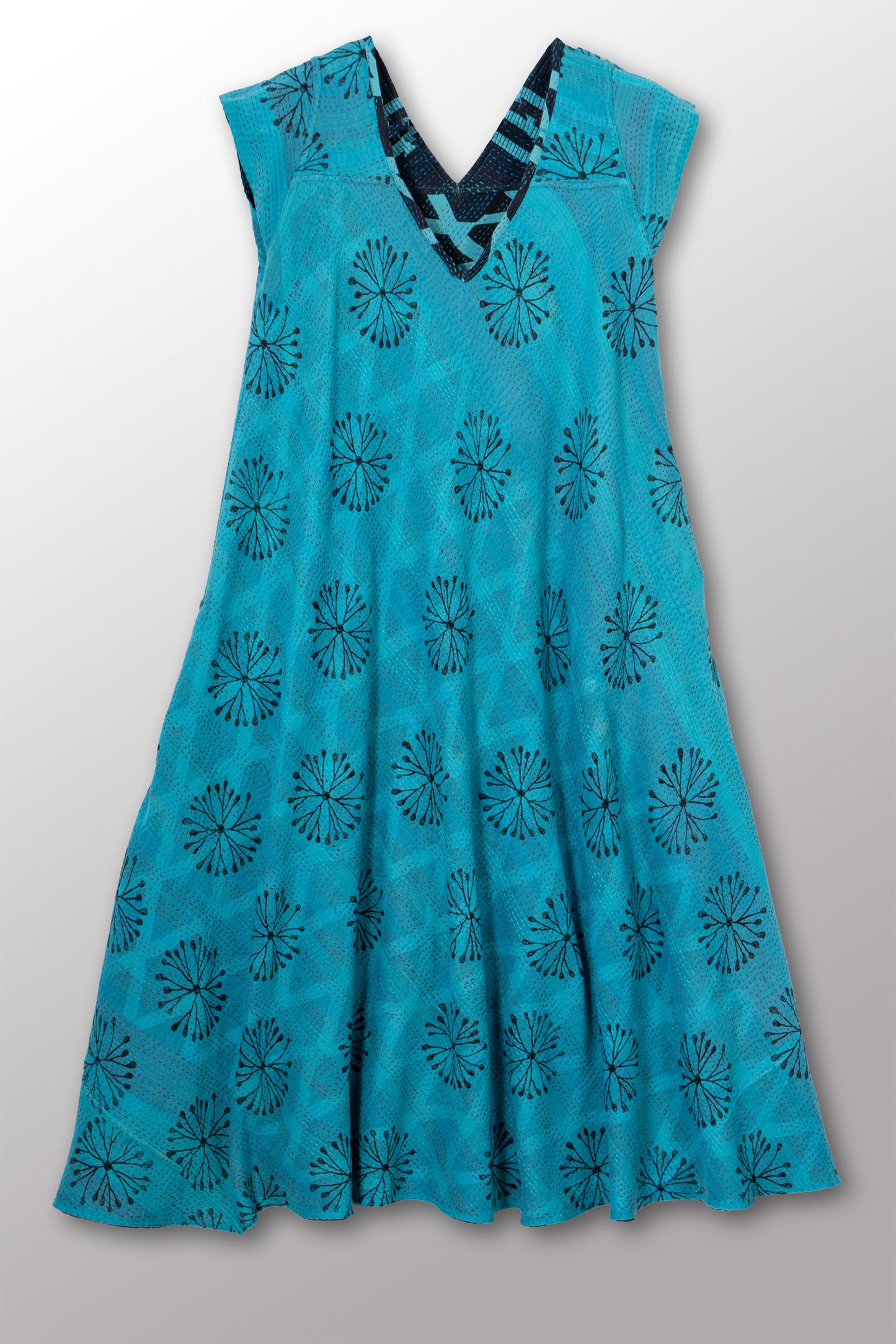 VINTAGE COTTON & NEW VOILE KANTHA CAP SLV. FLARE DRESS - cn2425-0008s -