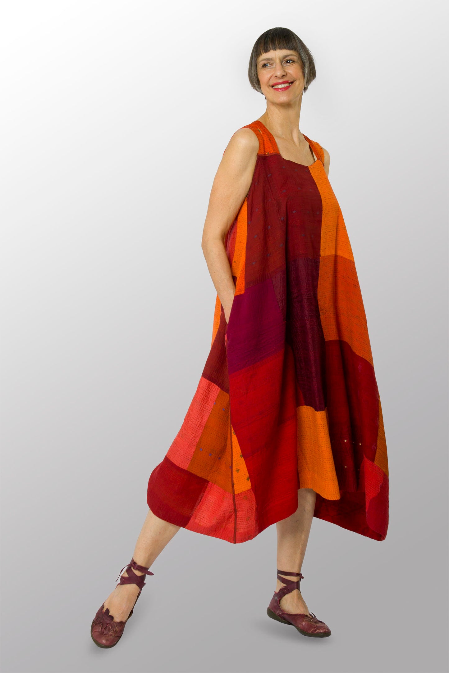 COTTON SILK SW PATCH OMBRE KANTHA TENT DRESS - wo2413-org -