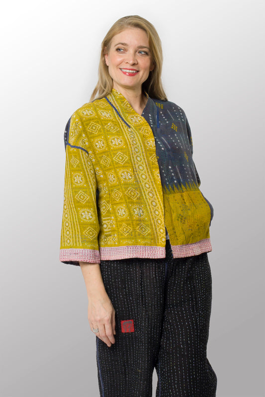 VINTAGE COTTON KANTHA STAND COLLAR CROPPED JKT - cv2034-0071a -