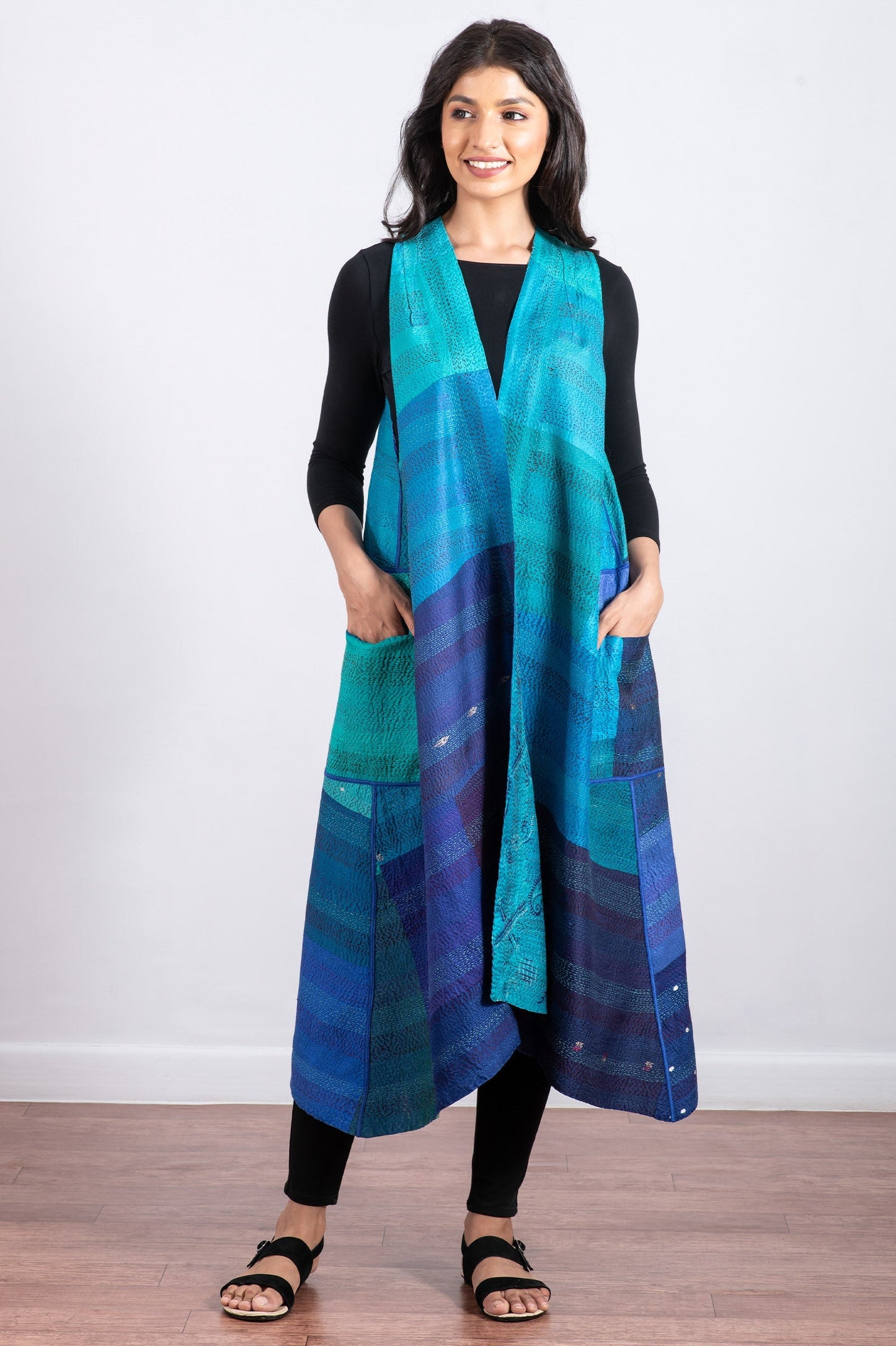 VINTAGE SILK PATCH KANTHA BACK PLEATED VEST MAXI - vp2222-blu -