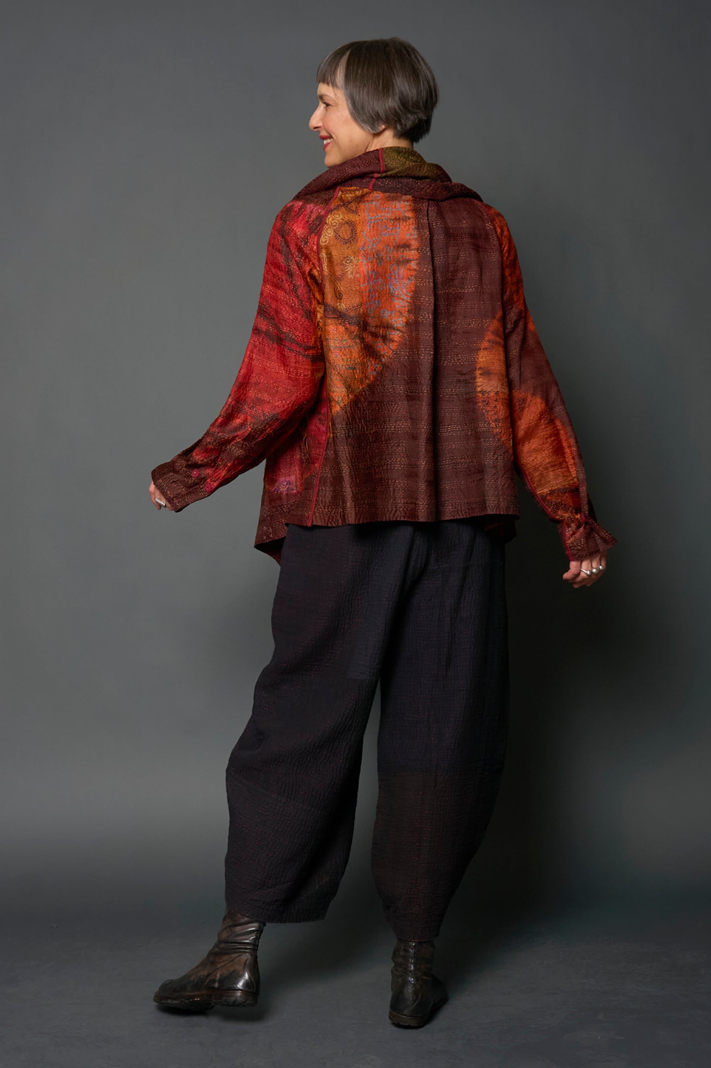 JACQUARD SILK PATCH TIE DYE CIRCLE SHIBORI KANTHA SCARF NECK BLOUSE - wj2561-brn -