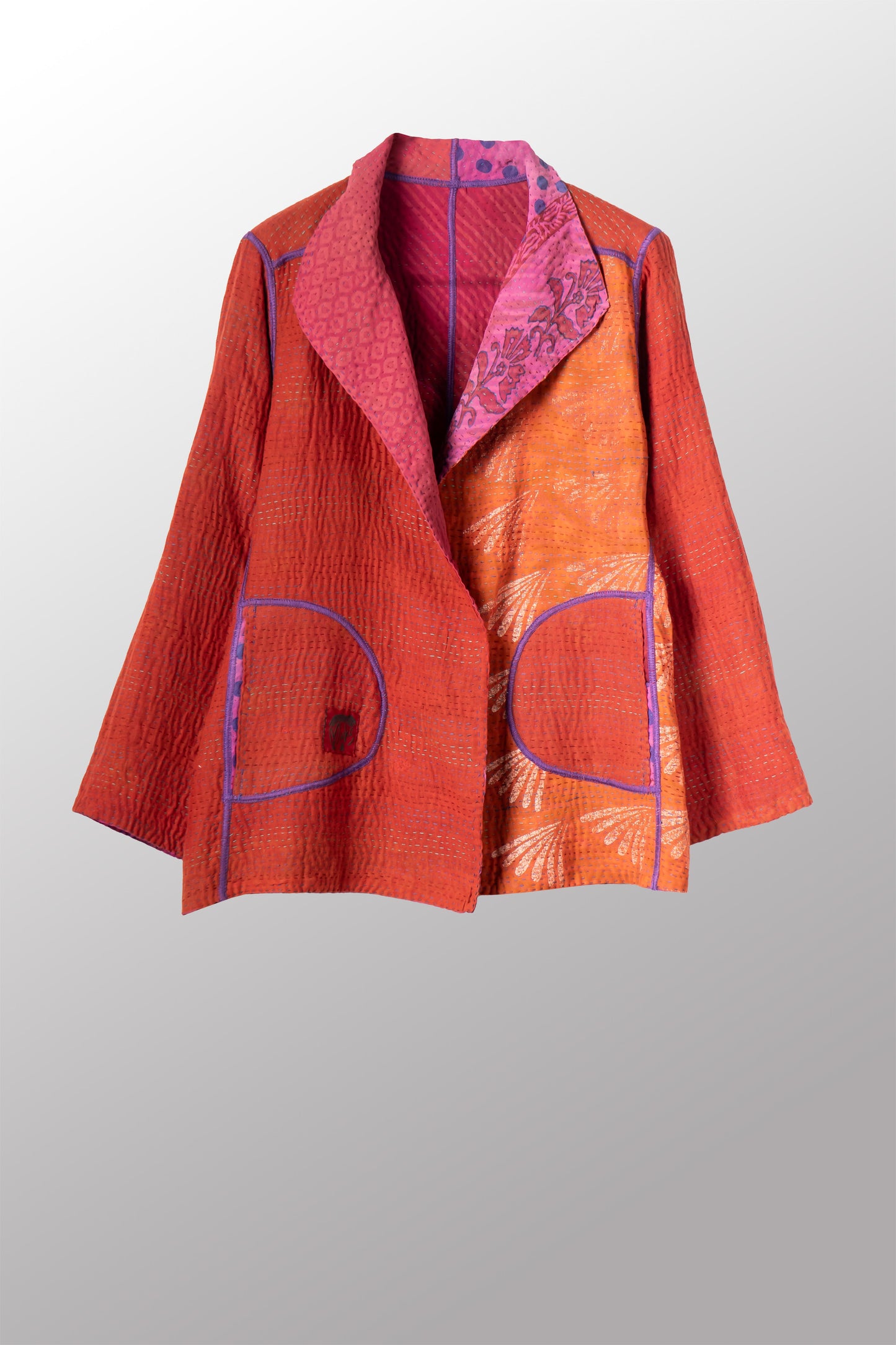 VINTAGE SILK GEORGETTE COTTON KANTHA SHORT JACKET - gc4007-0002m -