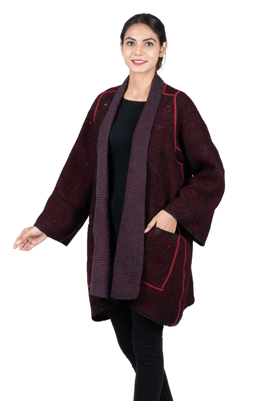 WOOL WAFFLE KANTHA A-LINE JKT - ww3003-red -