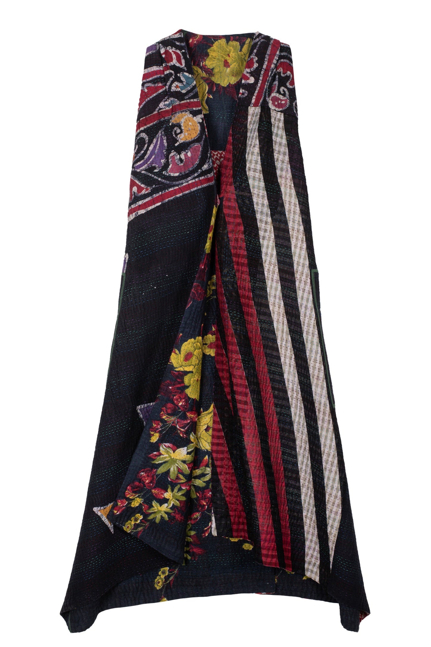 VINTAGE COTTON KANTHA BACK PLEATED VEST MAXI - cv4222-0013a -