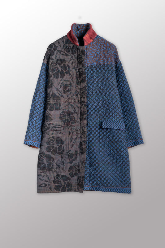 QUILTED OVERDYE COTTON KANTHA LONG LINE JACKET - oq5059-cblu001s -
