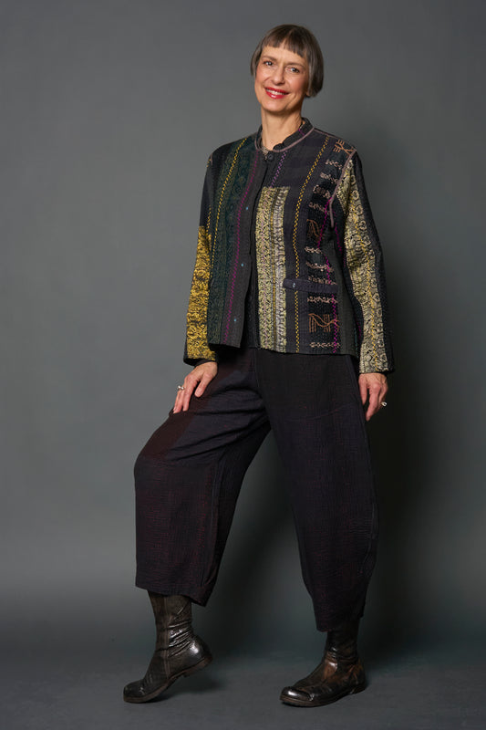 JEWEL WOVEN WITH VERTICAL PATCH KANTHA KAFTAN JACKET SHORT - jv4088-blk -