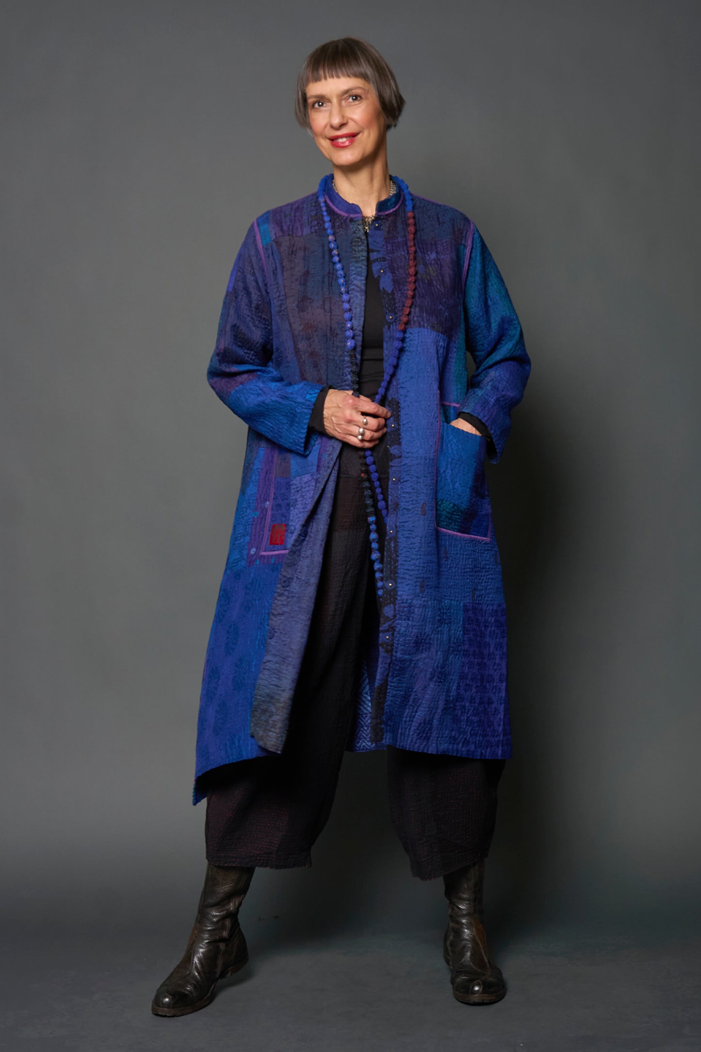 JACQUARD SILK KANTHA KAFTAN COAT - js4343-nvy -