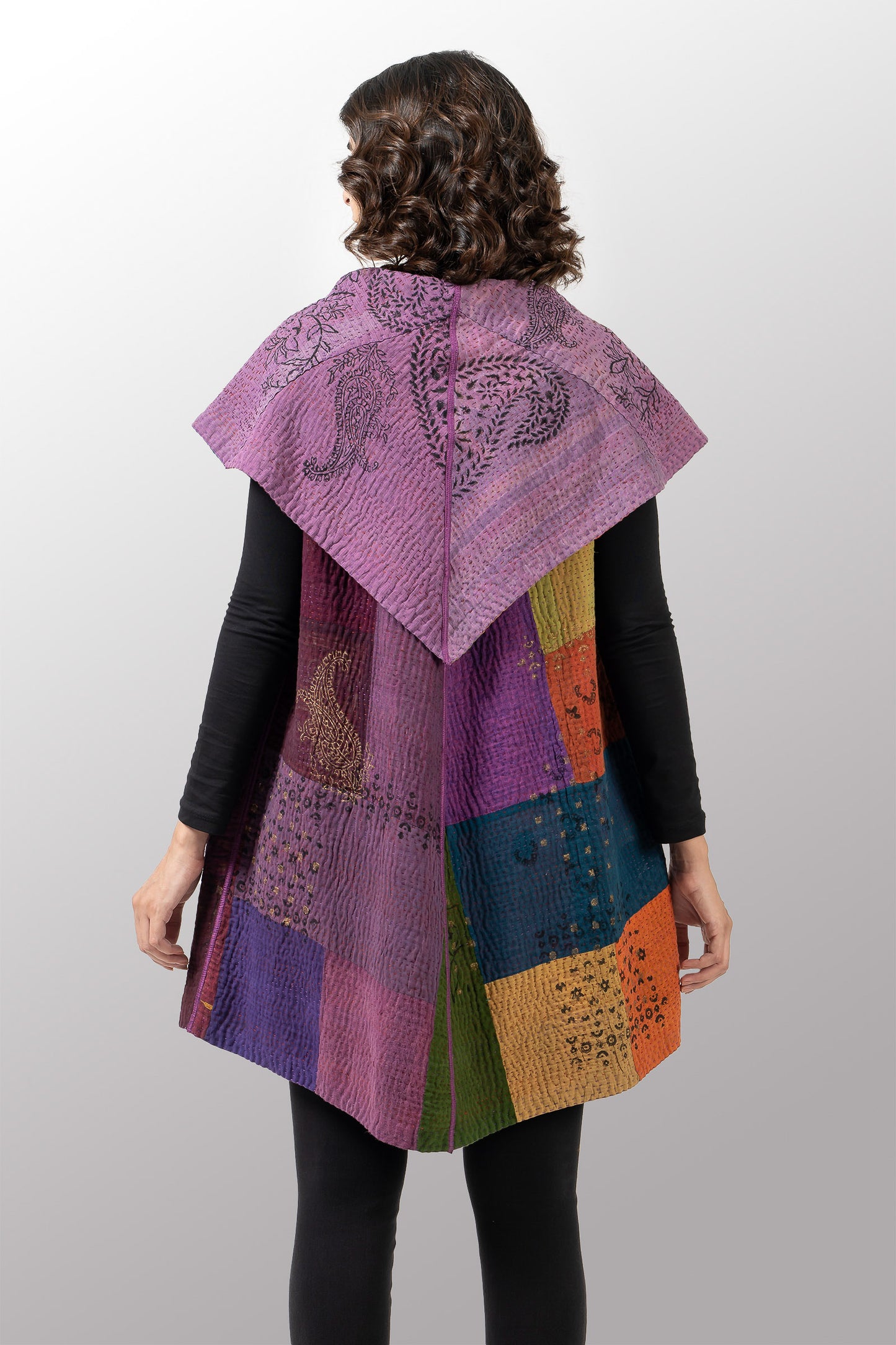OMBRE PATCHED GOLD STAMP KANTHA CIRCULAR VEST - og4201-mlt -