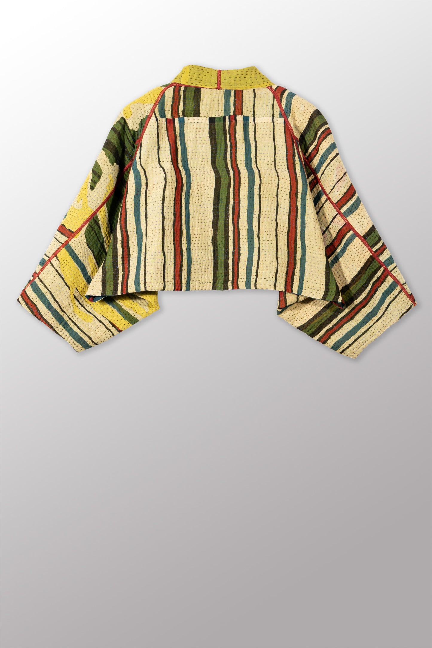 STRIPE AND BENDS KANTHA PUFF SLV. SHRUG - sb4062-grn -