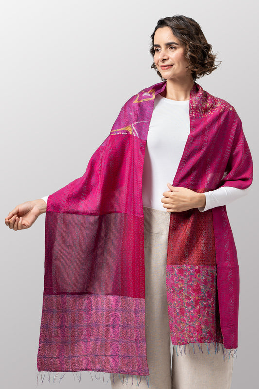 GEORGETTE VINTAGE SILK PATCH KANTHA SCARF STANDARD - gs2801-pik -