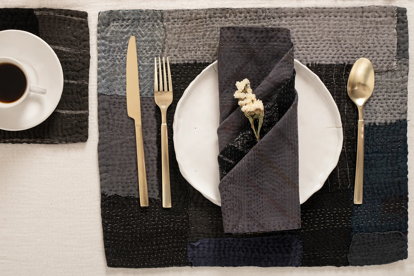 Landscape Handmade Vintage Kantha Placemat -Black (SET OF 2)