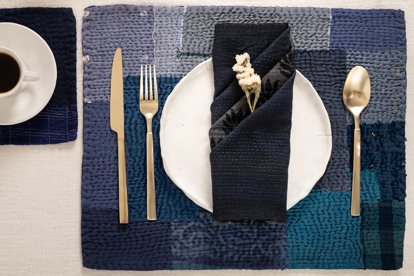 Landscape Handmade Vintage Kantha Placemat -Navy (SET OF 2)