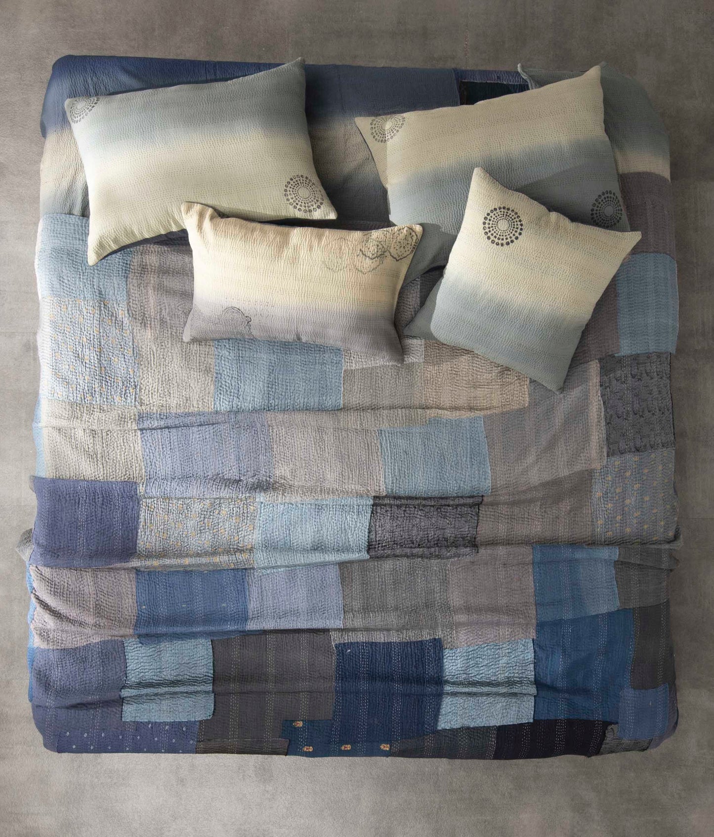 Vintage Fray Patch & Ombre Kantha Bedcover -Navy -