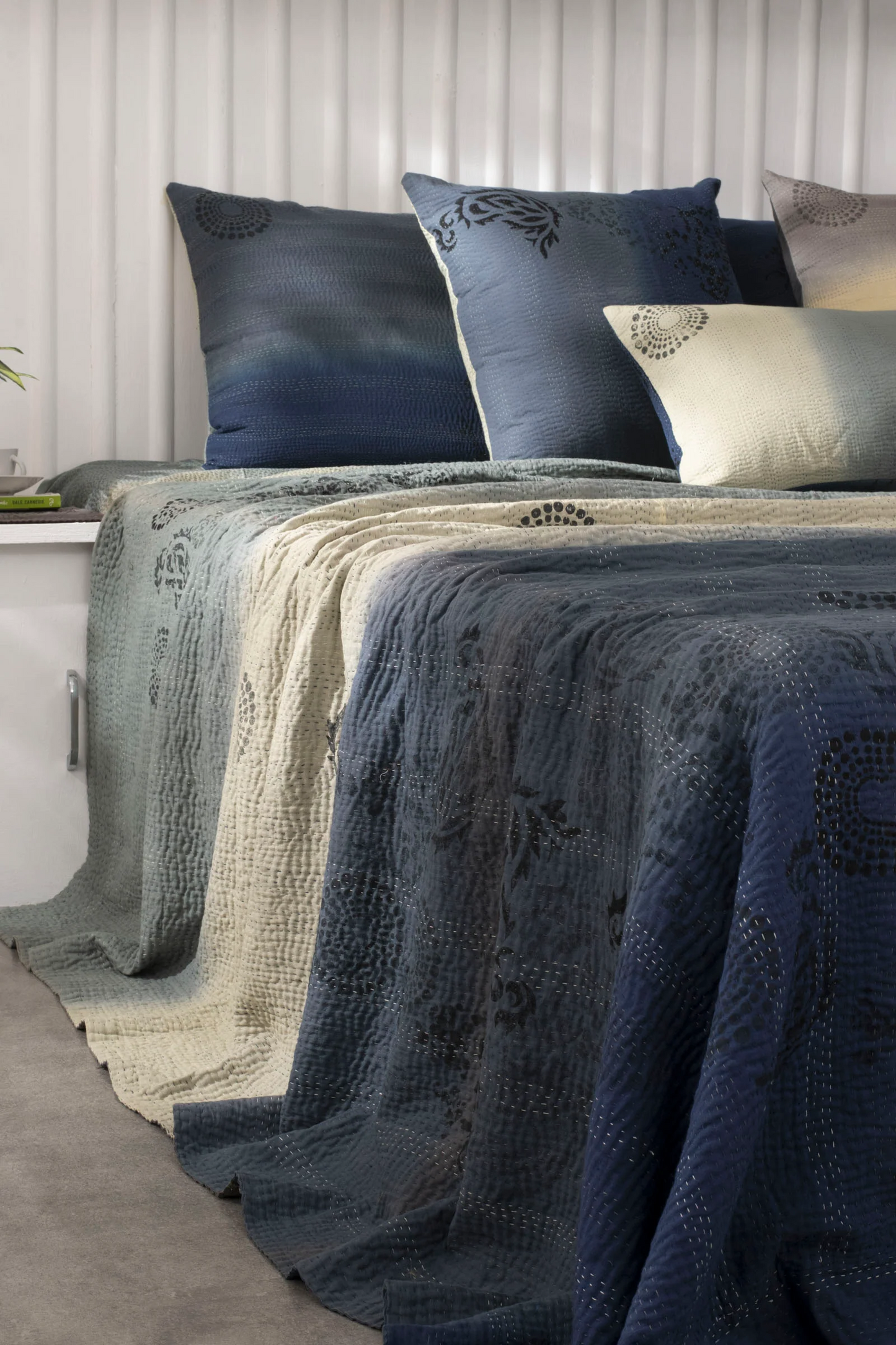 Vintage Fray Patch & Ombre Kantha Bedcover -Yellow Stone-