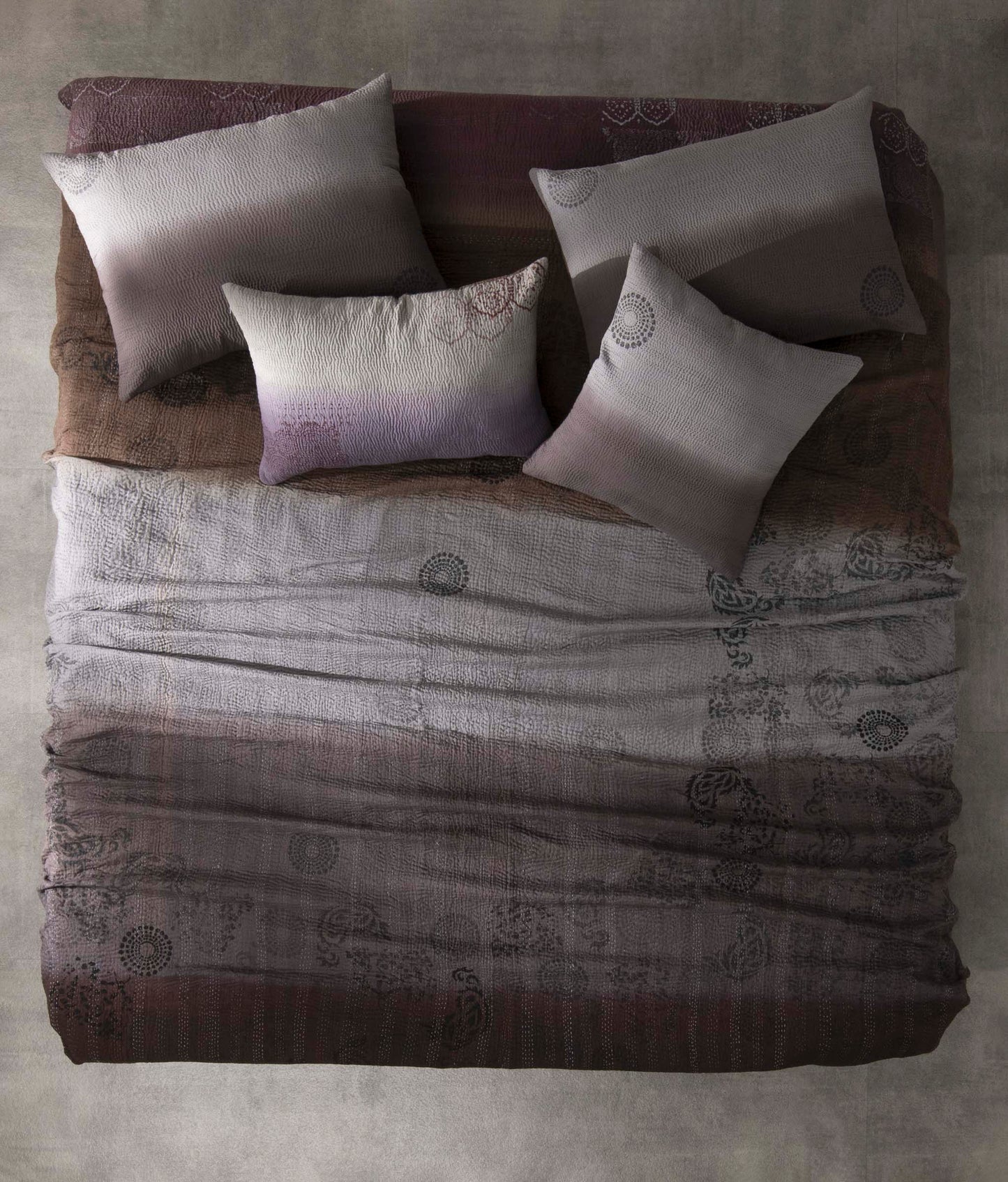 Vintage Fray Patch & Ombre Kantha Bedcover -Chocolate -